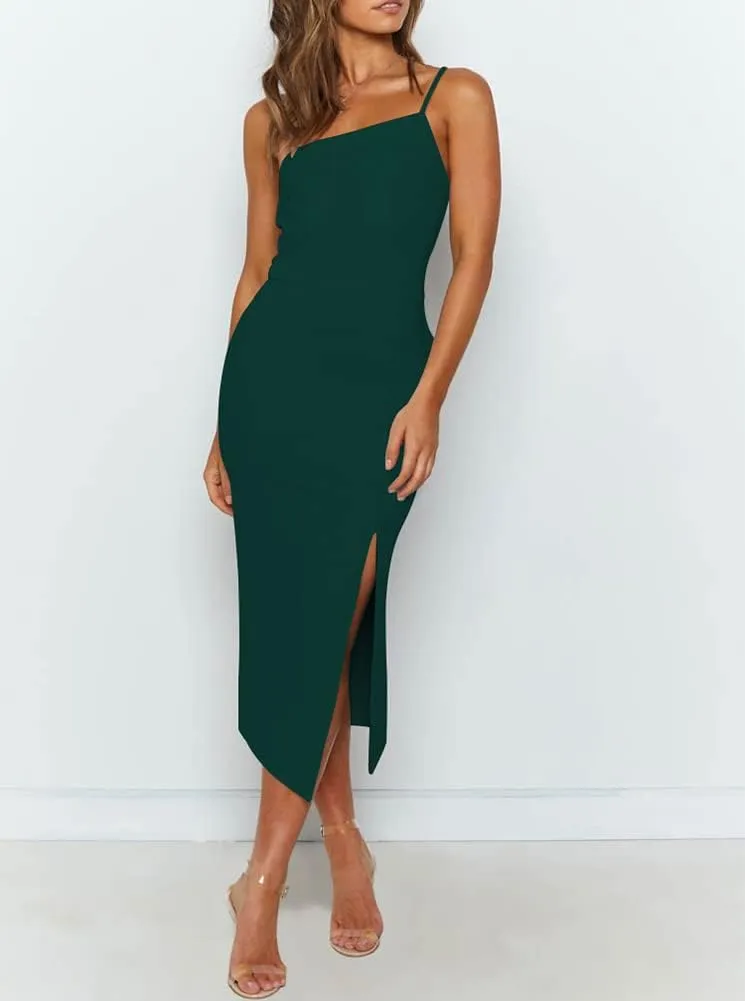 OWIN Women's Adjustable Spaghetti Straps Sleeveless High Waist Split Midi Bodycon Cocktail Party Dress