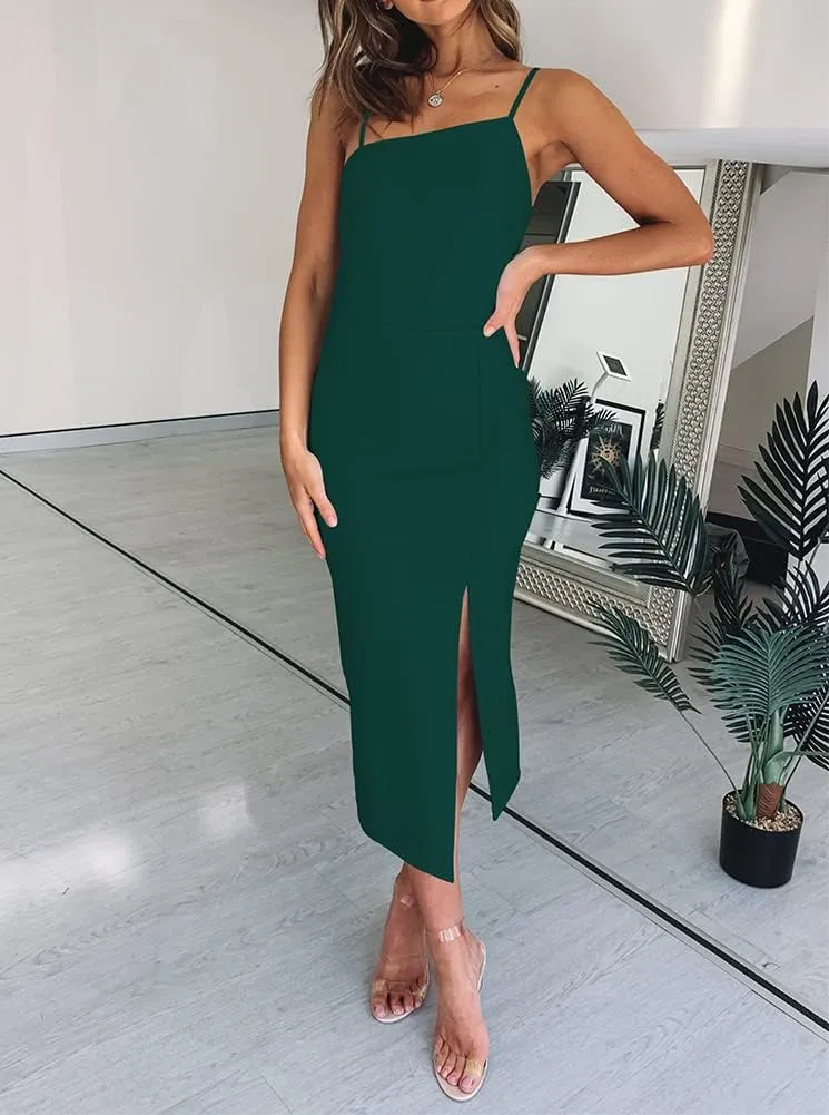 OWIN Women's Adjustable Spaghetti Straps Sleeveless High Waist Split Midi Bodycon Cocktail Party Dress