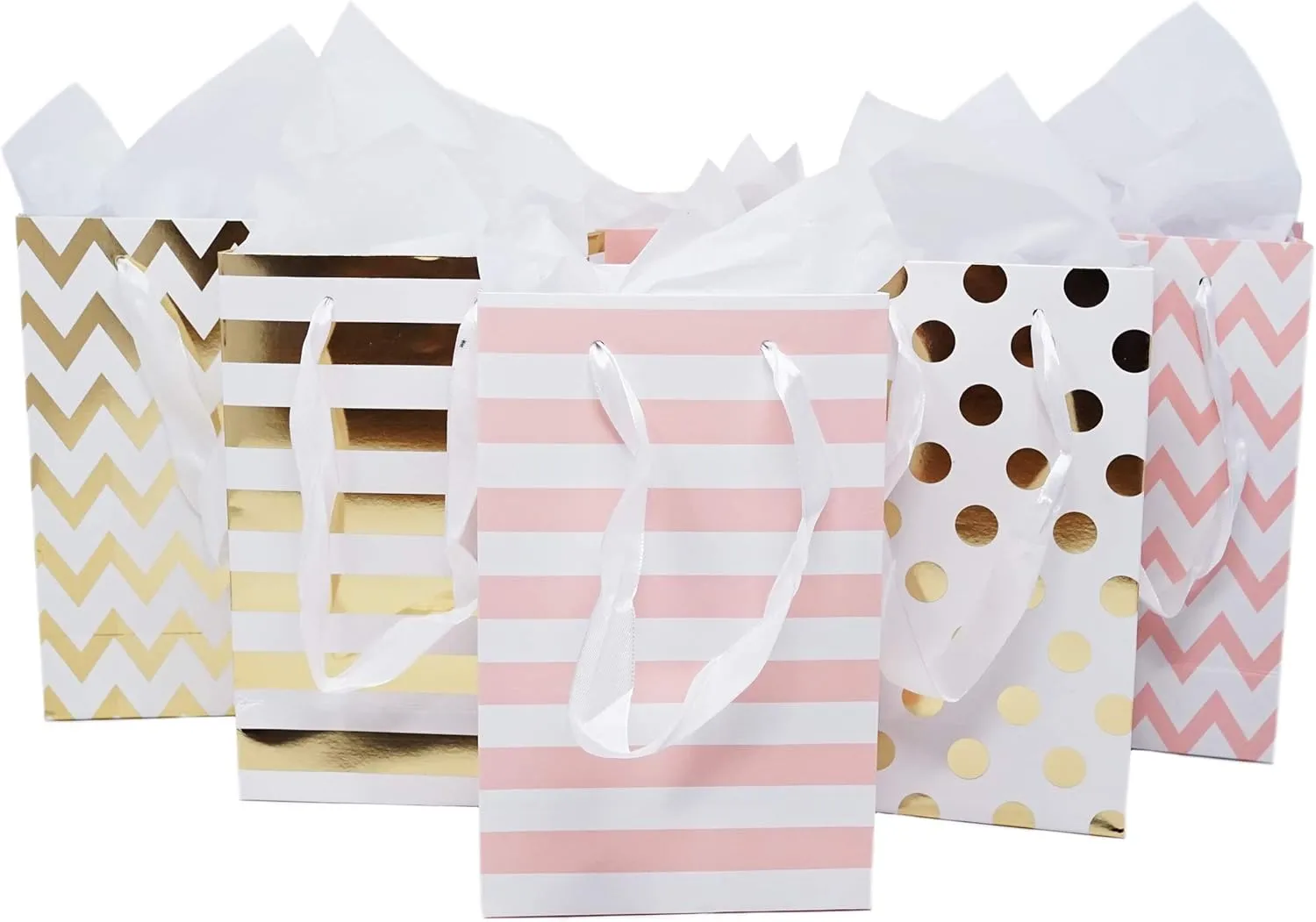 Paper Favor Gift Bags for All Events & Parties w/Satin Ribbon Handles   Decorative Tissue Paper, 12 Count (Pink, Gold Mylar)