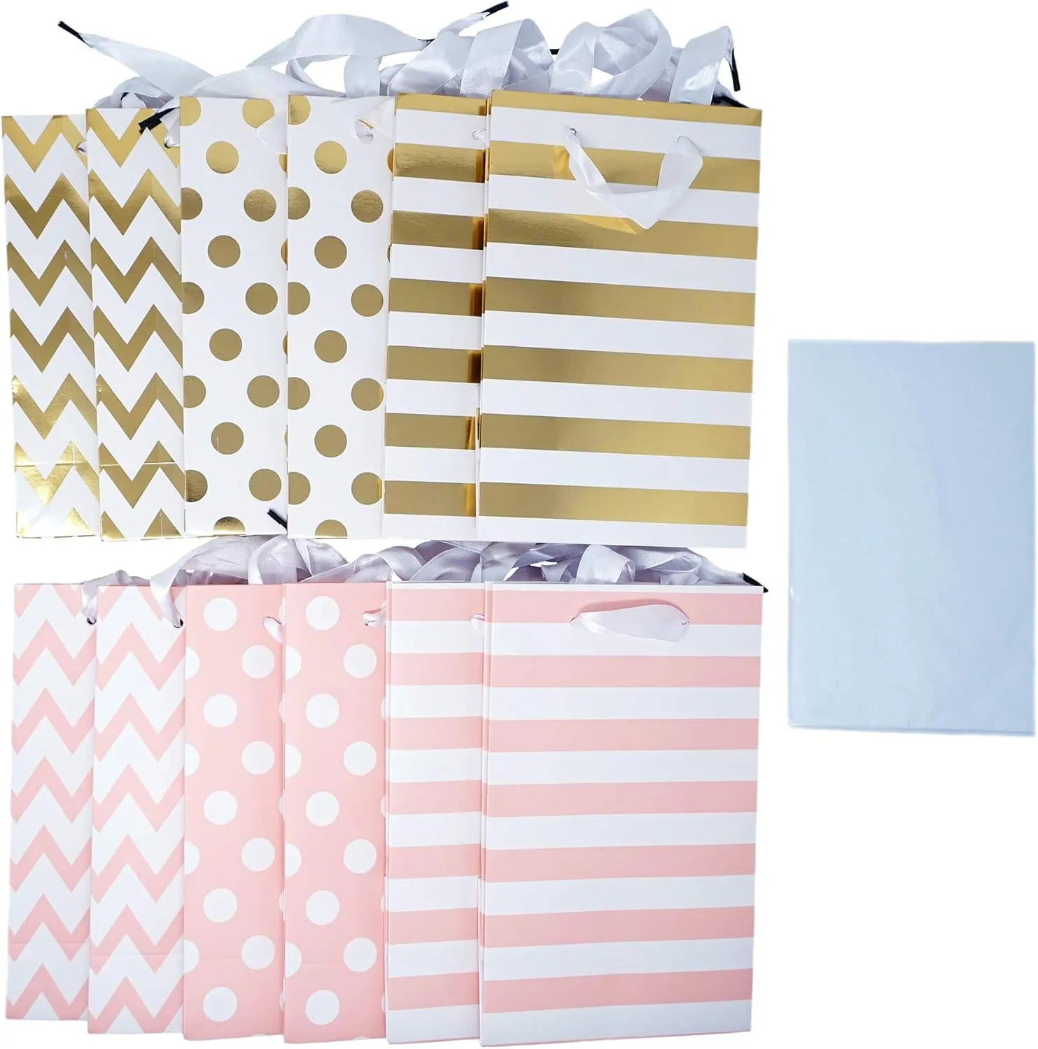 Paper Favor Gift Bags for All Events & Parties w/Satin Ribbon Handles   Decorative Tissue Paper, 12 Count (Pink, Gold Mylar)
