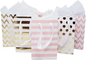 Paper Favor Gift Bags for All Events & Parties w/Satin Ribbon Handles   Decorative Tissue Paper, 12 Count (Pink, Gold Mylar)