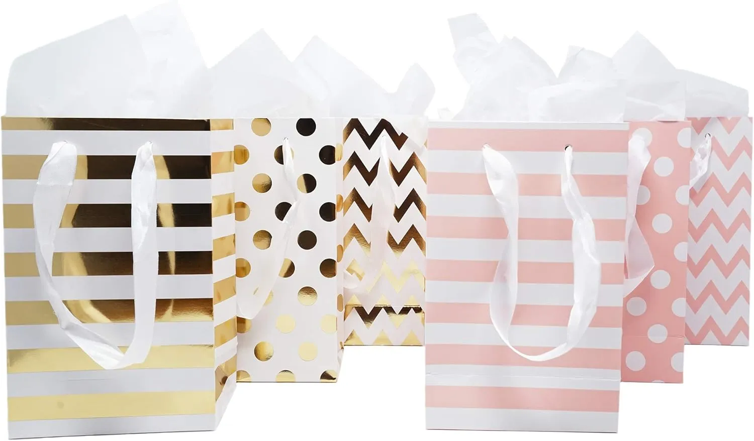 Paper Favor Gift Bags for All Events & Parties w/Satin Ribbon Handles   Decorative Tissue Paper, 12 Count (Pink, Gold Mylar)