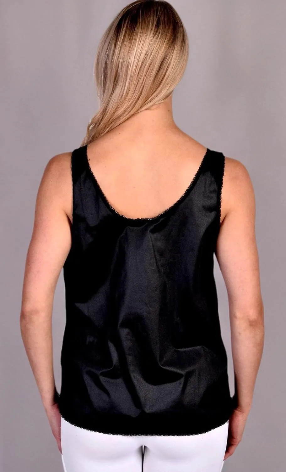 Patricia Lingerie Women's Soft Silky Satin Under Blouse Sleeveless Camisole with V-Neck Floral Lace Trim and Wide Straps