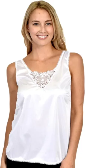 Patricia Lingerie Women's Soft Silky Satin Under Blouse Sleeveless Camisole with V-Neck Floral Lace Trim and Wide Straps
