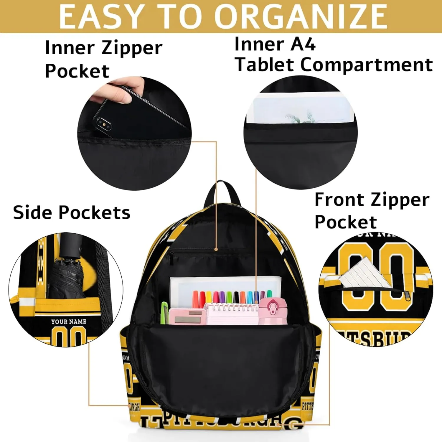 Personalized American Football Backpack Bags with Name, Rugby Custom Large Capacity Waterproof Shoulder Bags, Casual Daypack, Pittsburgh