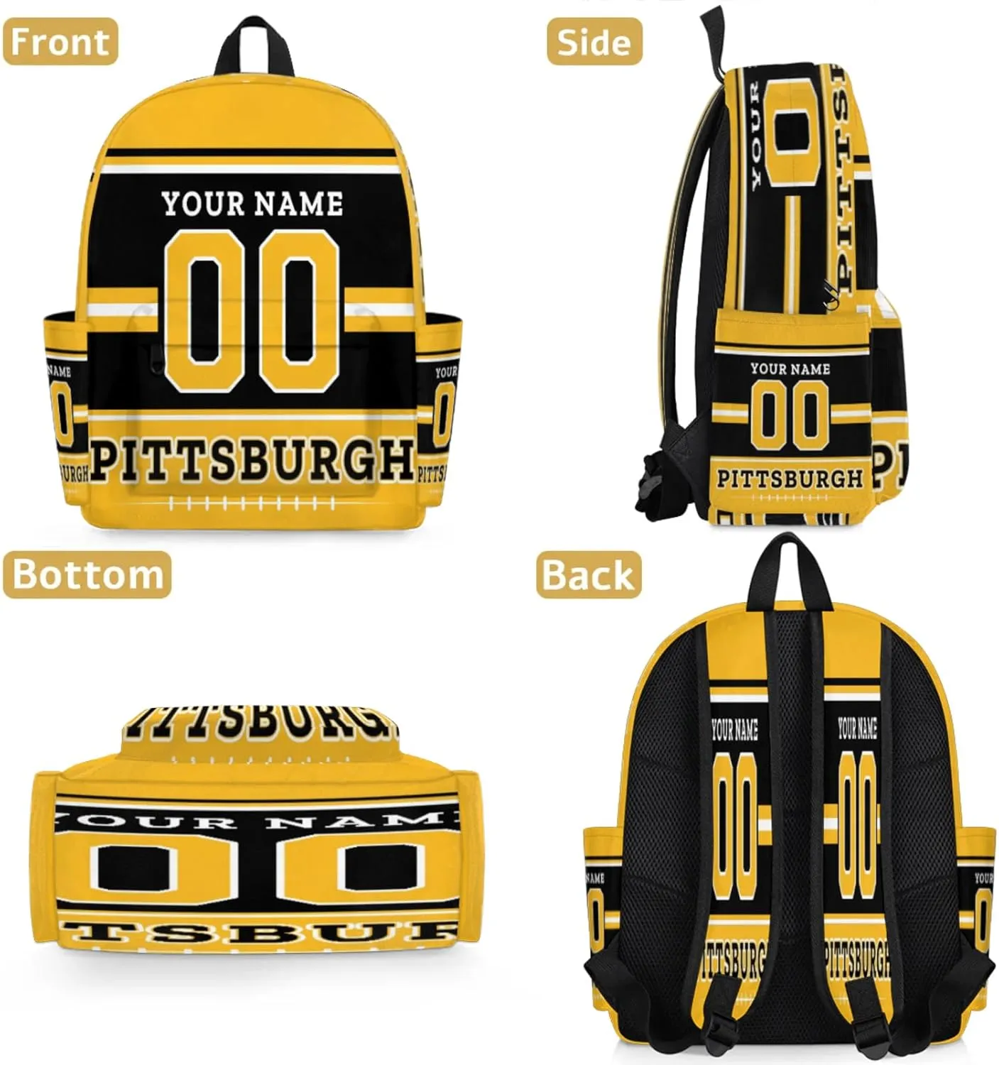 Personalized American Football Backpack Bags with Name, Rugby Custom Large Capacity Waterproof Shoulder Bags, Casual Daypack, Pittsburgh