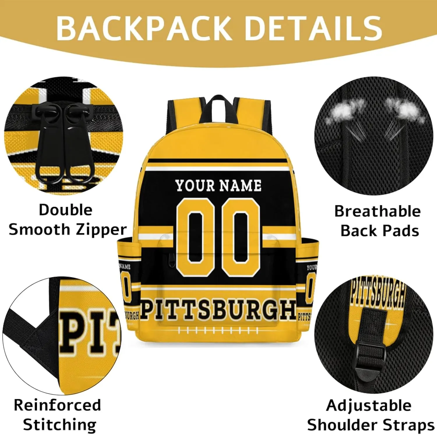 Personalized American Football Backpack Bags with Name, Rugby Custom Large Capacity Waterproof Shoulder Bags, Casual Daypack, Pittsburgh