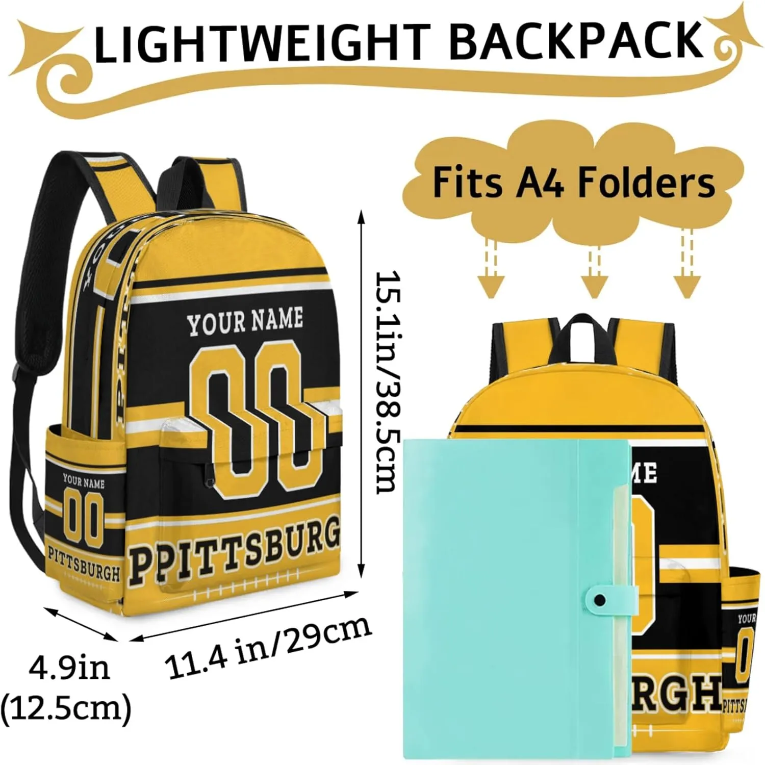 Personalized American Football Backpack Bags with Name, Rugby Custom Large Capacity Waterproof Shoulder Bags, Casual Daypack, Pittsburgh