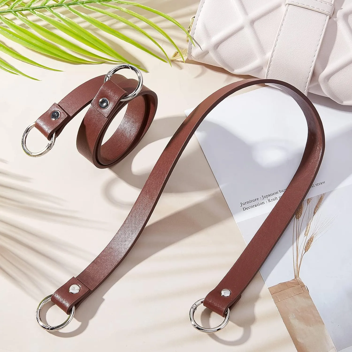 PH PandaHall 2pcs Leather Purse Strap, 22.4" Shoulder Bag Strap Replacement Short Handbag Bag Strap with Platinum Gate Ring for DIY Handbag Bucket Bag Tote Purse Repair, 0.8" Wide, Brown