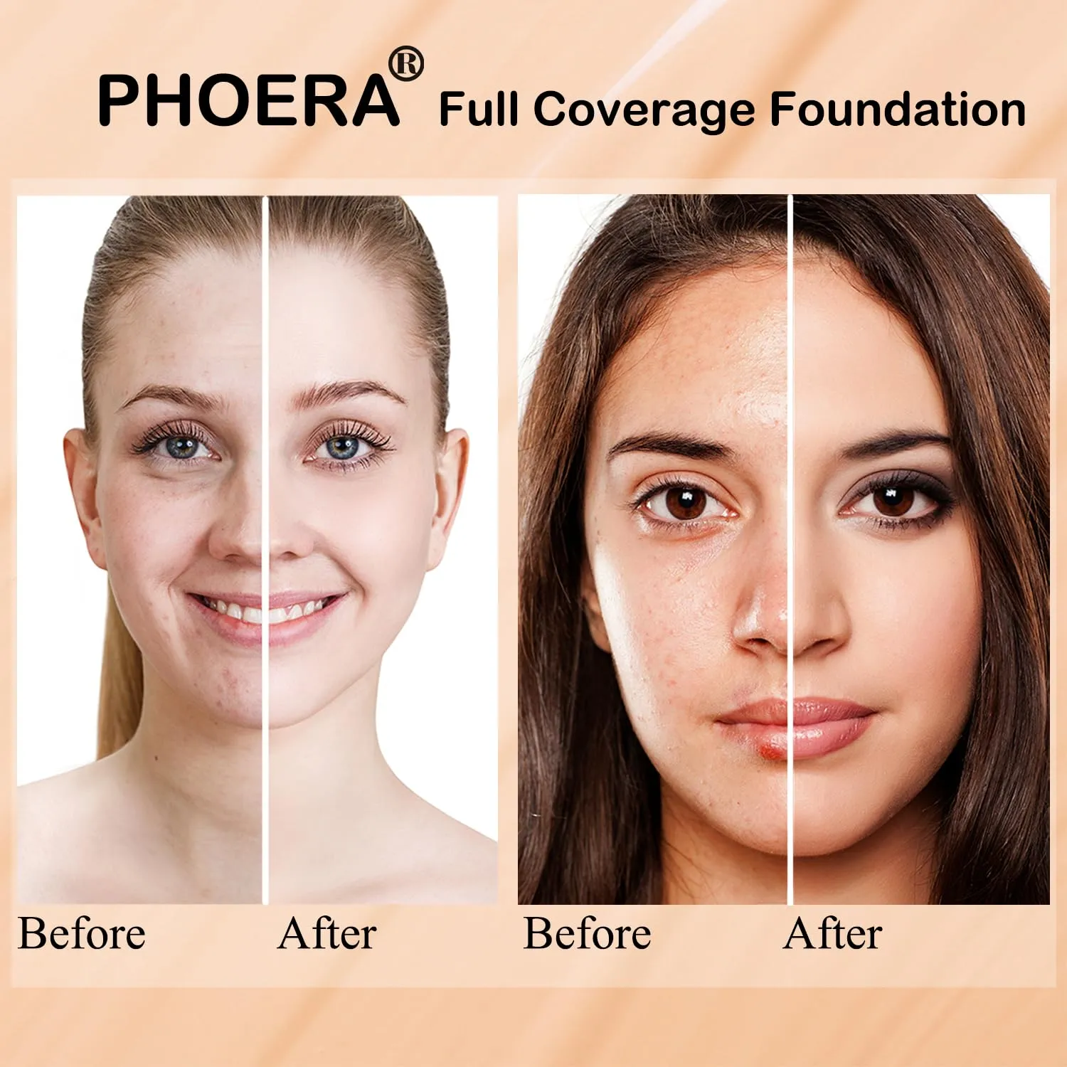 PHOERA Foundation Makeup for Wome Full Coverage Foundation Set,Face Primer Foundation Brush Powder Brush,5 Makeup Sponge,30ml PHOERA 24HR Matte Oil Control Concealer (2 PCS 101 Porcelain)