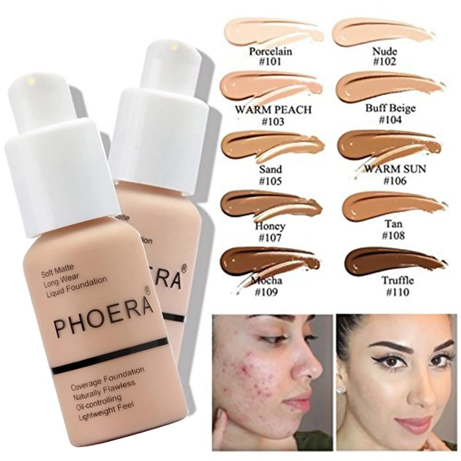 PHOERA Foundation Makeup for Wome Full Coverage Foundation Set,Face Primer Foundation Brush Powder Brush,5 Makeup Sponge,30ml PHOERA 24HR Matte Oil Control Concealer (2 PCS 101 Porcelain)