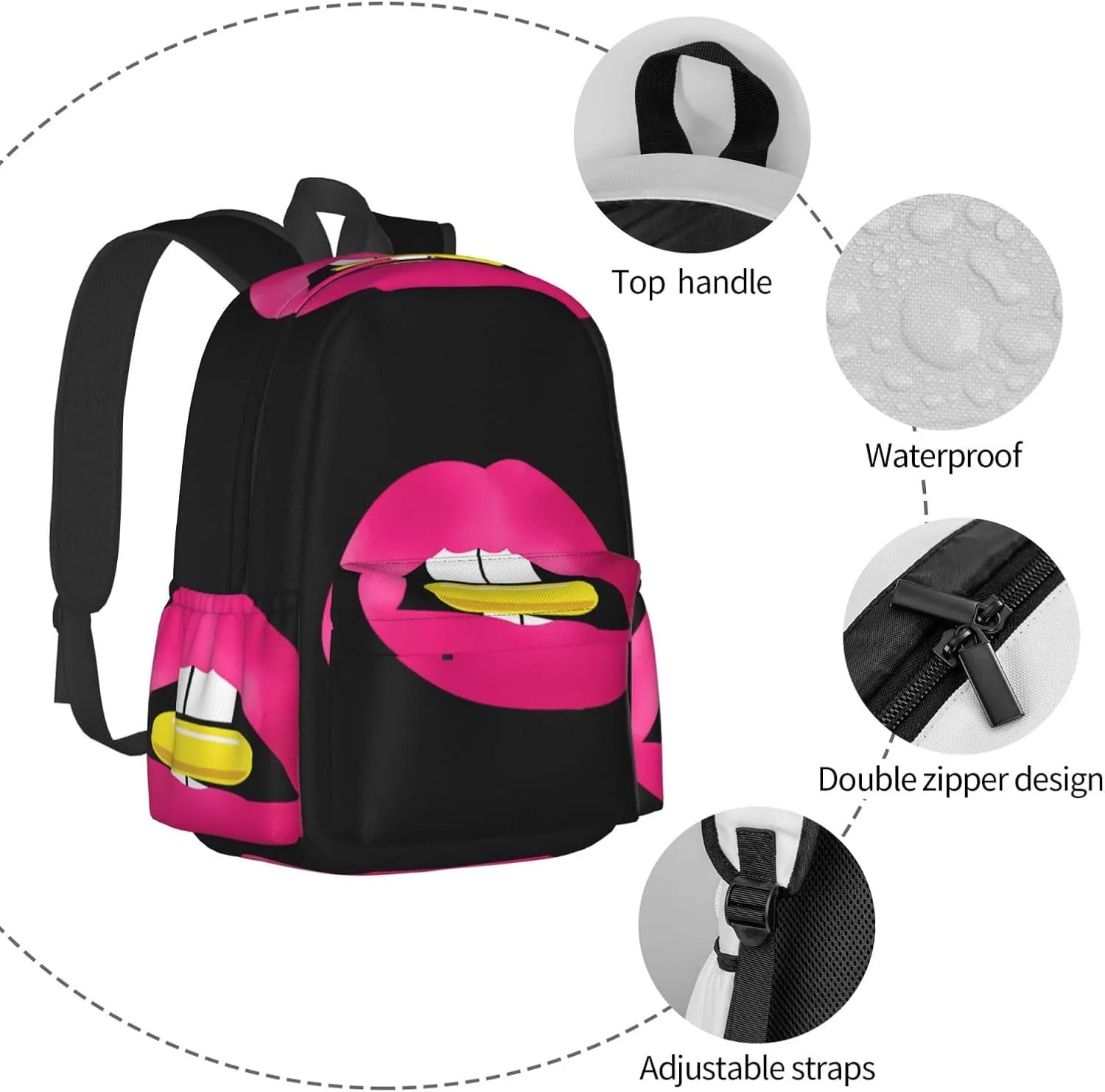 Pink Lips Laptop Backpack Shoulder Bag Laptop Pack Travel Backpacks Commuter Back Pack Casual Daypack Bags With Side Pockets