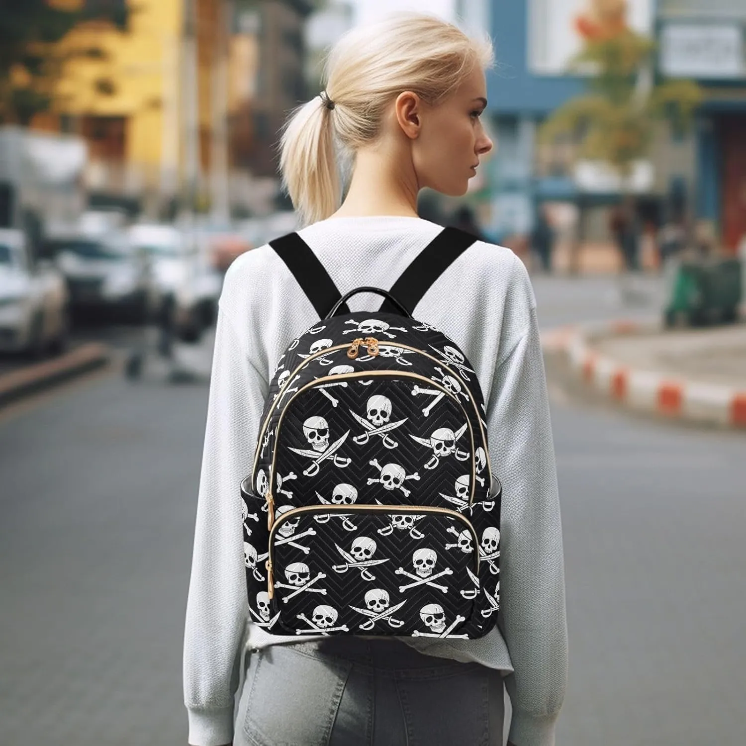 Pirate Skull Quilted Backpack Purse for Women Fashion Small Backpack Shoulder Bag Travel Casual Daypack