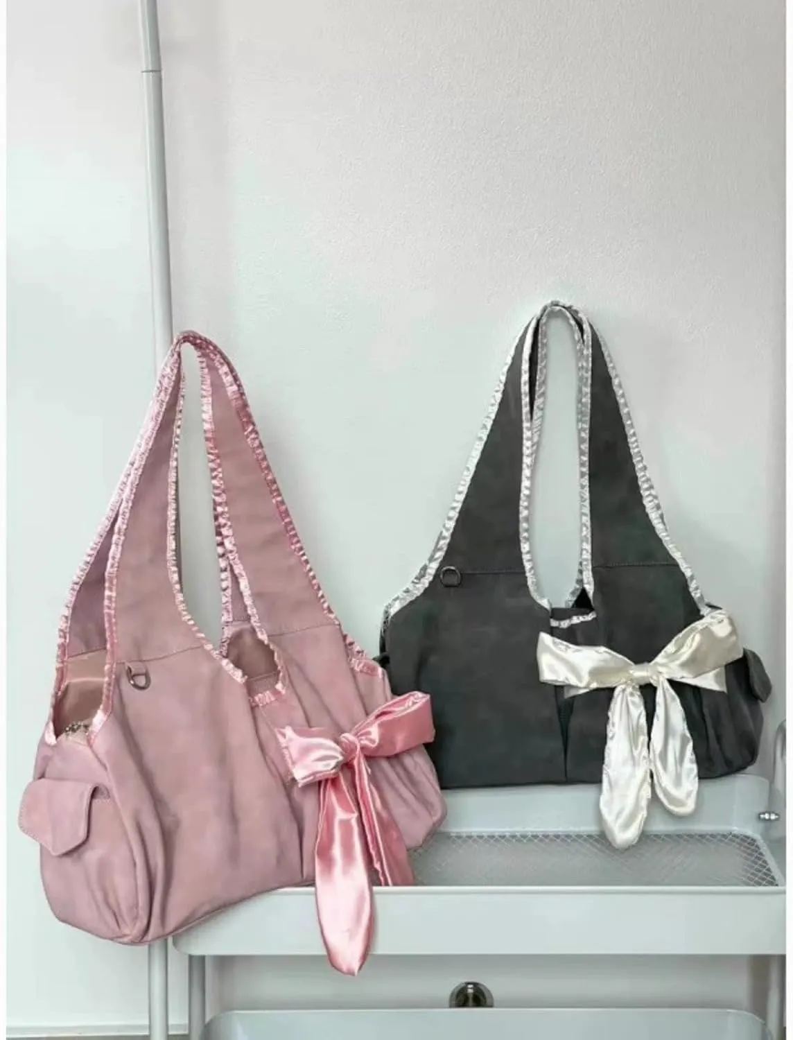 Pokn Cute BowTote Bag Kwaii Shoulder Bags Aesthetic Satin Handmade Purse Y2K Butterfly Shoujo Totebags