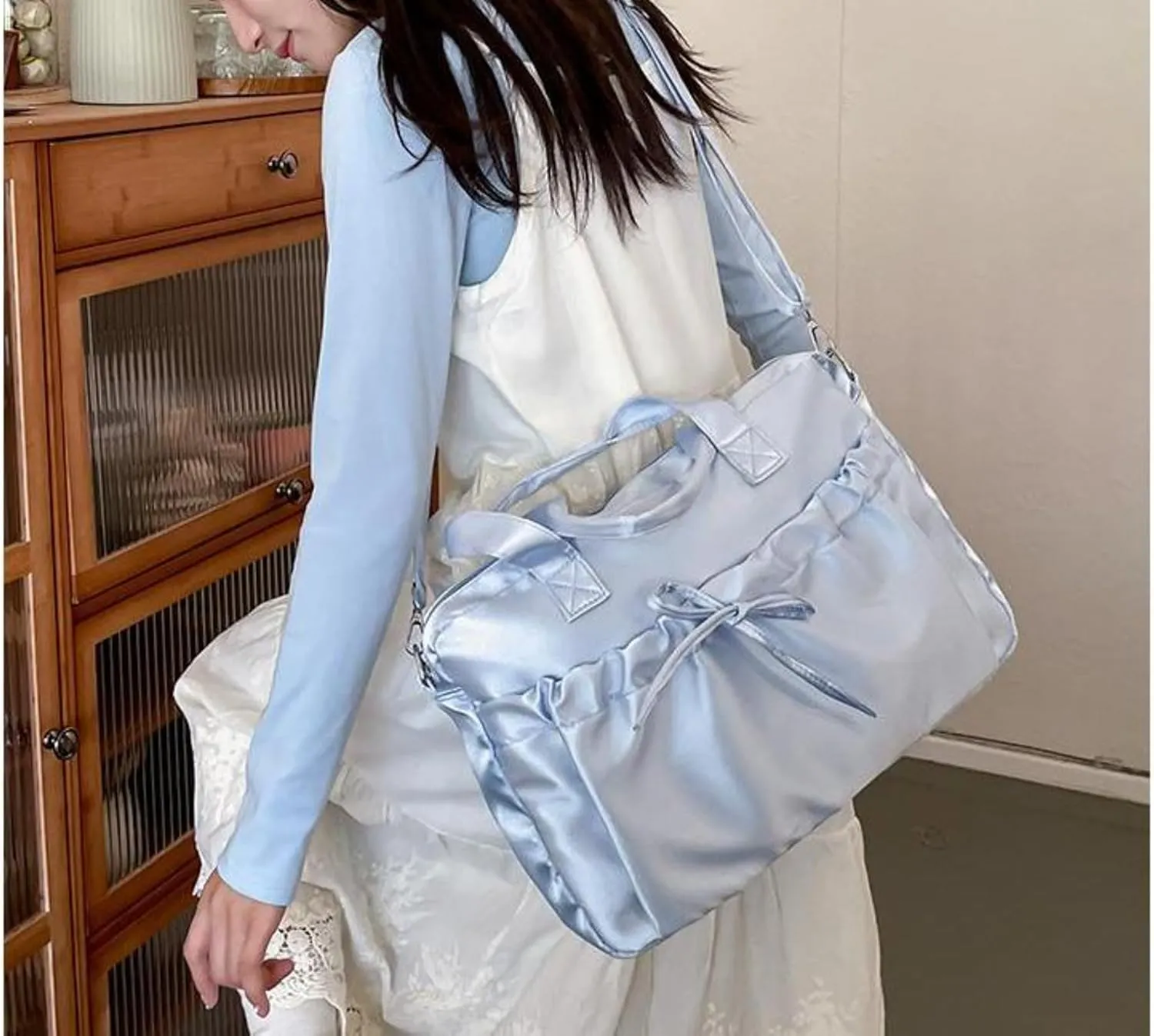 Pokn Cute BowTote Bag Kwaii Shoulder Bags Aesthetic Satin Handmade Purse Y2K Butterfly Shoujo Totebags