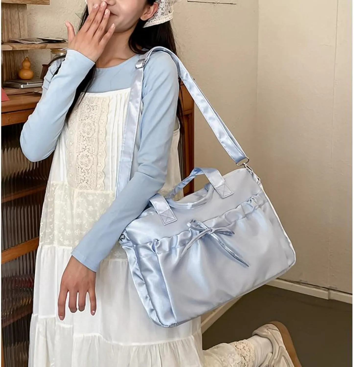 Pokn Cute BowTote Bag Kwaii Shoulder Bags Aesthetic Satin Handmade Purse Y2K Butterfly Shoujo Totebags