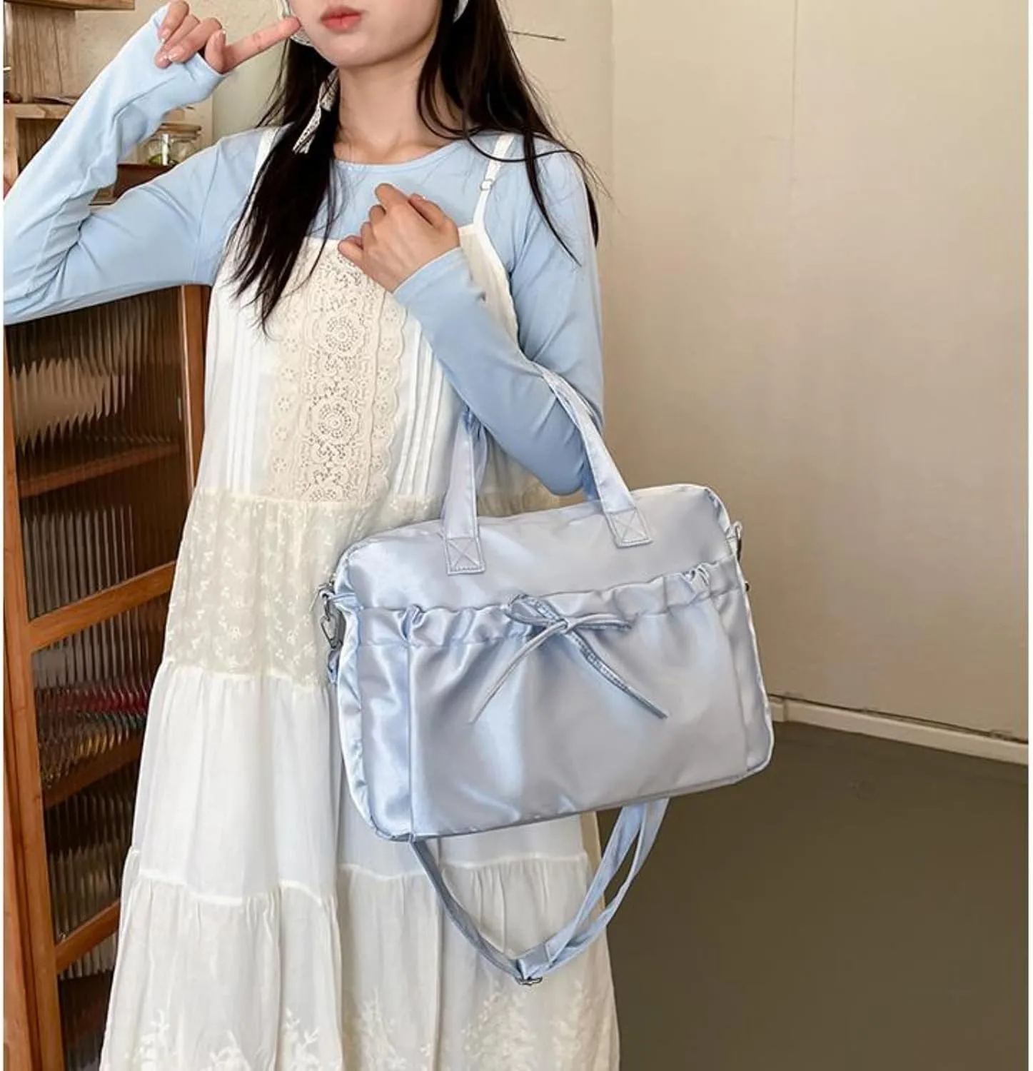 Pokn Cute BowTote Bag Kwaii Shoulder Bags Aesthetic Satin Handmade Purse Y2K Butterfly Shoujo Totebags