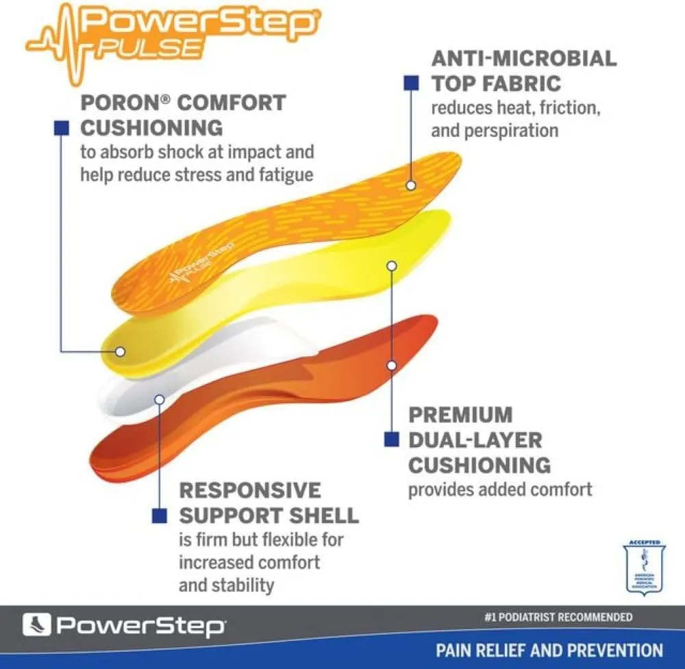 PowerStep Insoles, Pulse Performance, Running Shoe Pain Relief Insert, Athletic Arch Support Orthotic for Women and Men - Made in The USA (M 11-11.5)