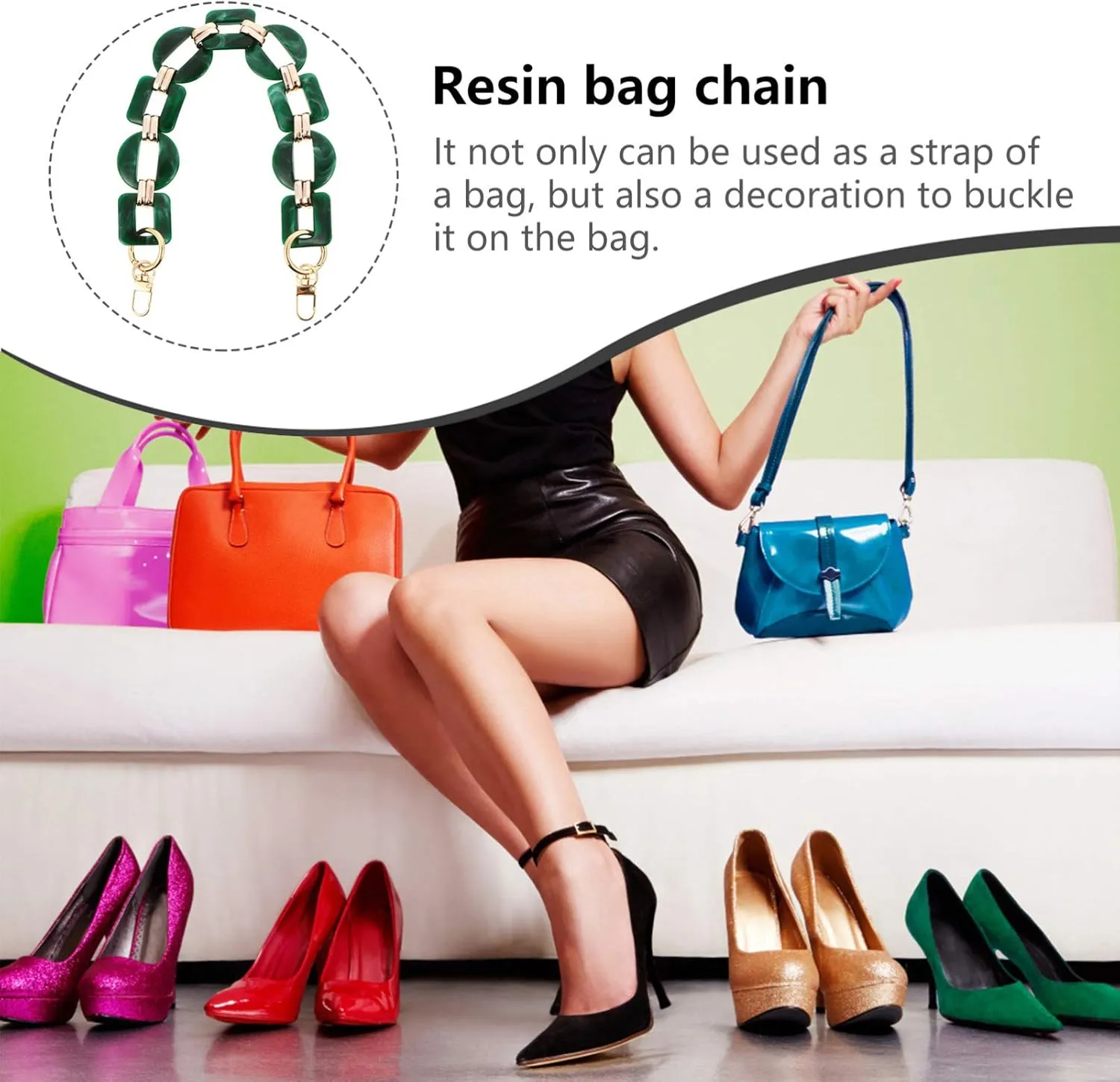 PRETYZOOM Green Resin Handbag Chain Straps Acrylic Purse Chain Strap Replacement Purse Clutches Handles for Purse Handbags DIY Crafts Purse Bags Chain 40cm