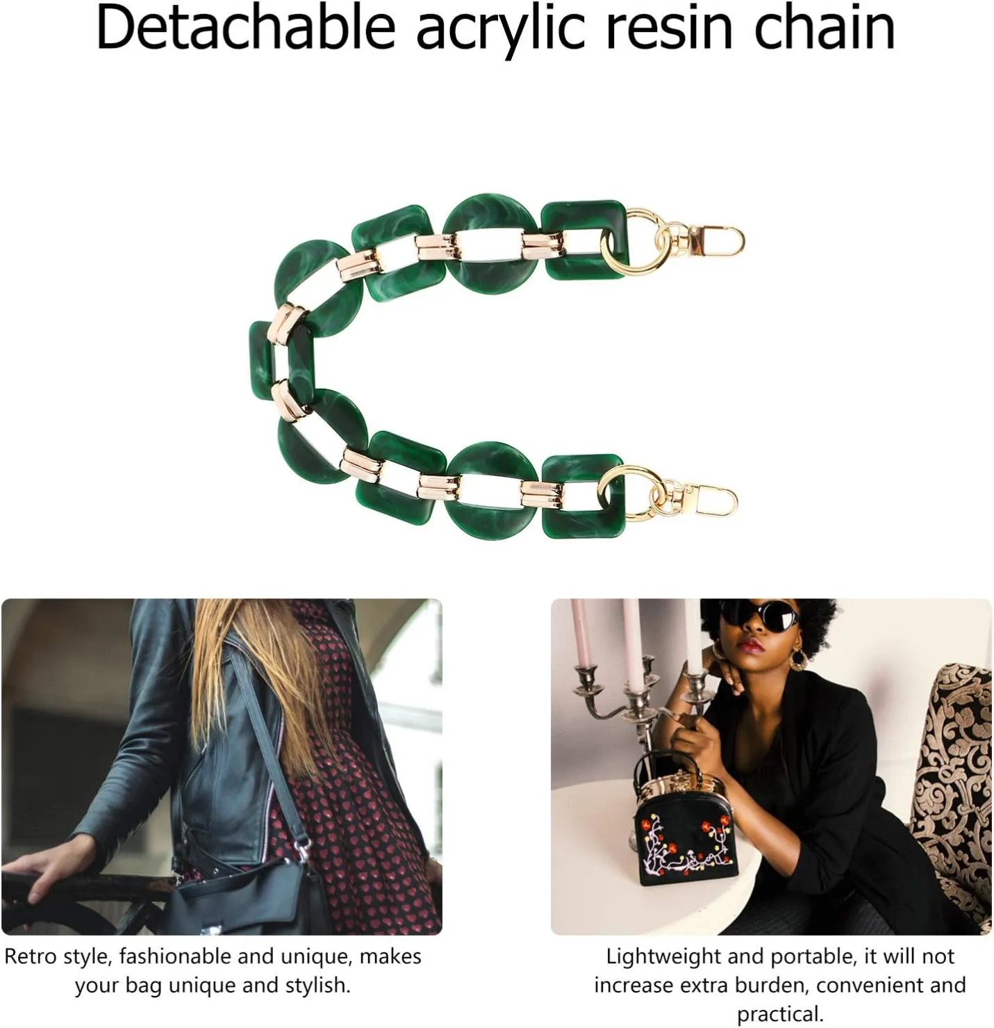 PRETYZOOM Green Resin Handbag Chain Straps Acrylic Purse Chain Strap Replacement Purse Clutches Handles for Purse Handbags DIY Crafts Purse Bags Chain 40cm