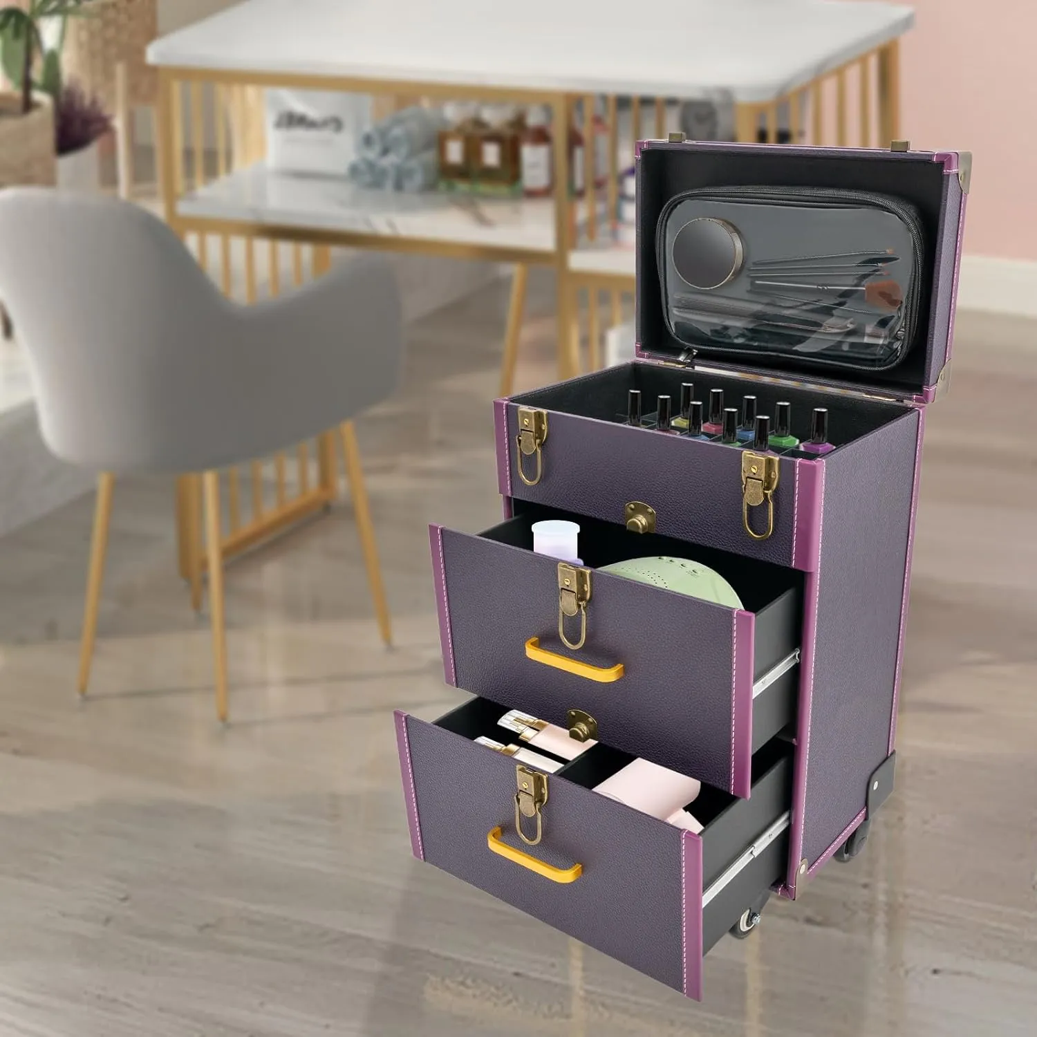 Professional Rolling Makeup Case with Wheels - Aluminum Alloy Cosmetic Trolley Organizer for Artists, Lockable Drawers, 110lbs Capacity, Makeup Suitcase for Travel & Home(Purple, Bronze Color)