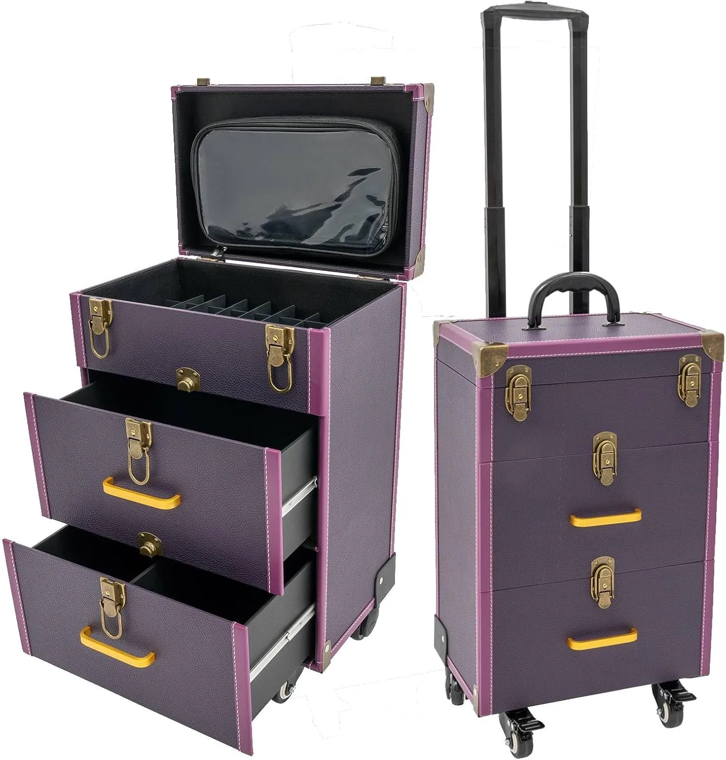 Professional Rolling Makeup Case with Wheels - Aluminum Alloy Cosmetic Trolley Organizer for Artists, Lockable Drawers, 110lbs Capacity, Makeup Suitcase for Travel & Home(Purple, Bronze Color)