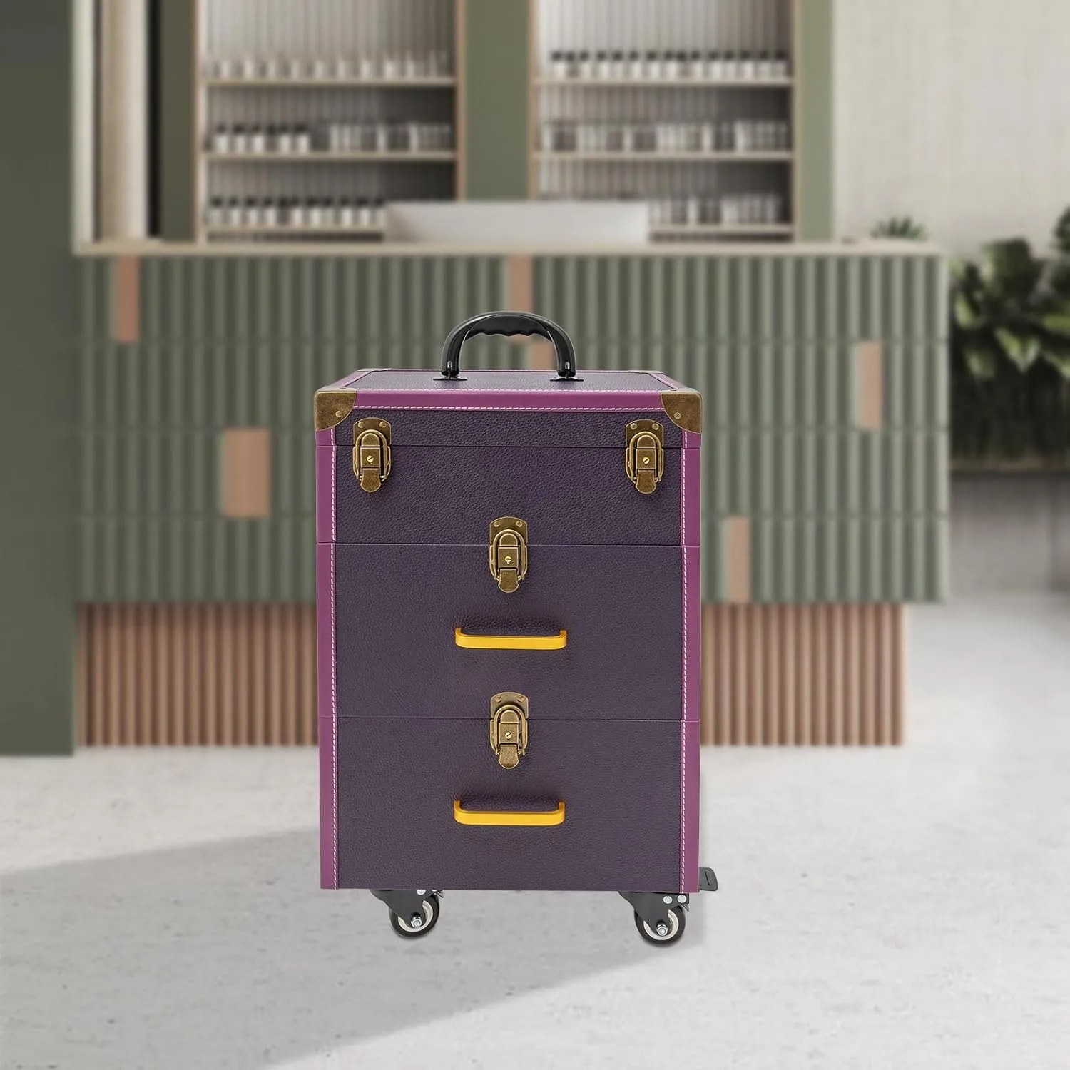 Professional Rolling Makeup Case with Wheels - Aluminum Alloy Cosmetic Trolley Organizer for Artists, Lockable Drawers, 110lbs Capacity, Makeup Suitcase for Travel & Home(Purple, Bronze Color)