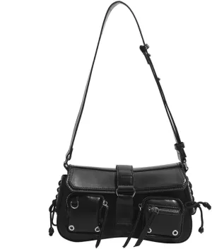 PU Leather Shoulder Bag with Pockets Women Punk Metal Black Y2K Crossbody Bag Handbag Purse Small Hobo Bags