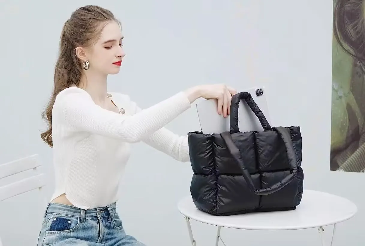 Puffer Tote Bag, Quilted Puffy Purse, Cute Padded Winter Shoulder Bags, Lightweight Down Handbag for Women Work Travel