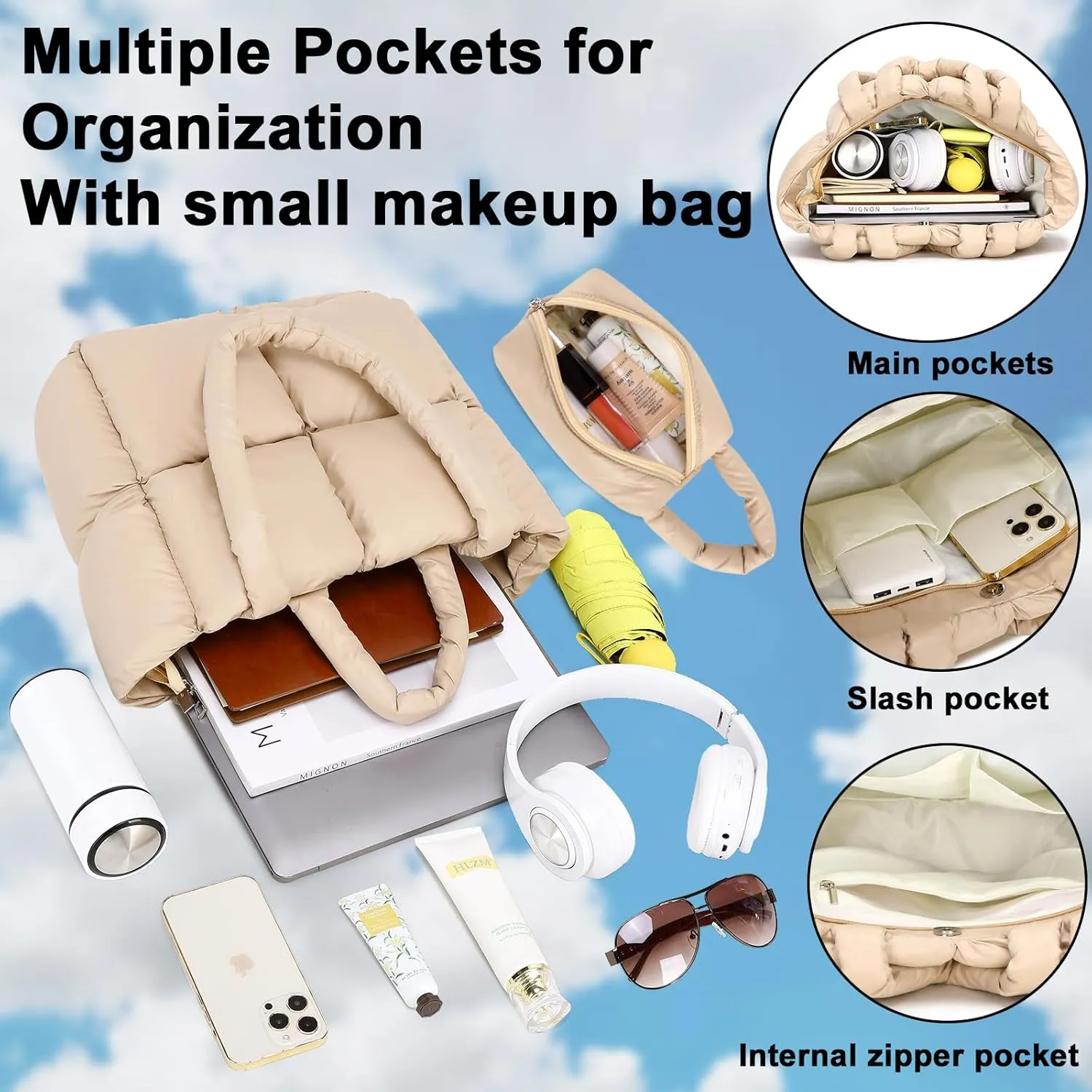 Puffer Tote Bag, Quilted Puffy Purse, Cute Padded Winter Shoulder Bags, Lightweight Down Handbag for Women Work Travel