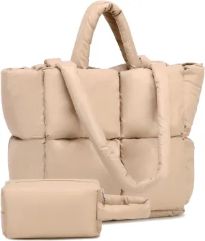 Puffer Tote Bag, Quilted Puffy Purse, Cute Padded Winter Shoulder Bags, Lightweight Down Handbag for Women Work Travel