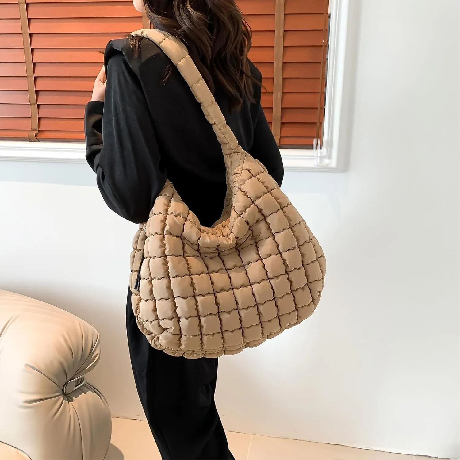 Puffer Tote Bag, Quilted Shoulder Crossbody Purse for Women Soft Puffy Satchel Bubble Handbag Padded Duffle