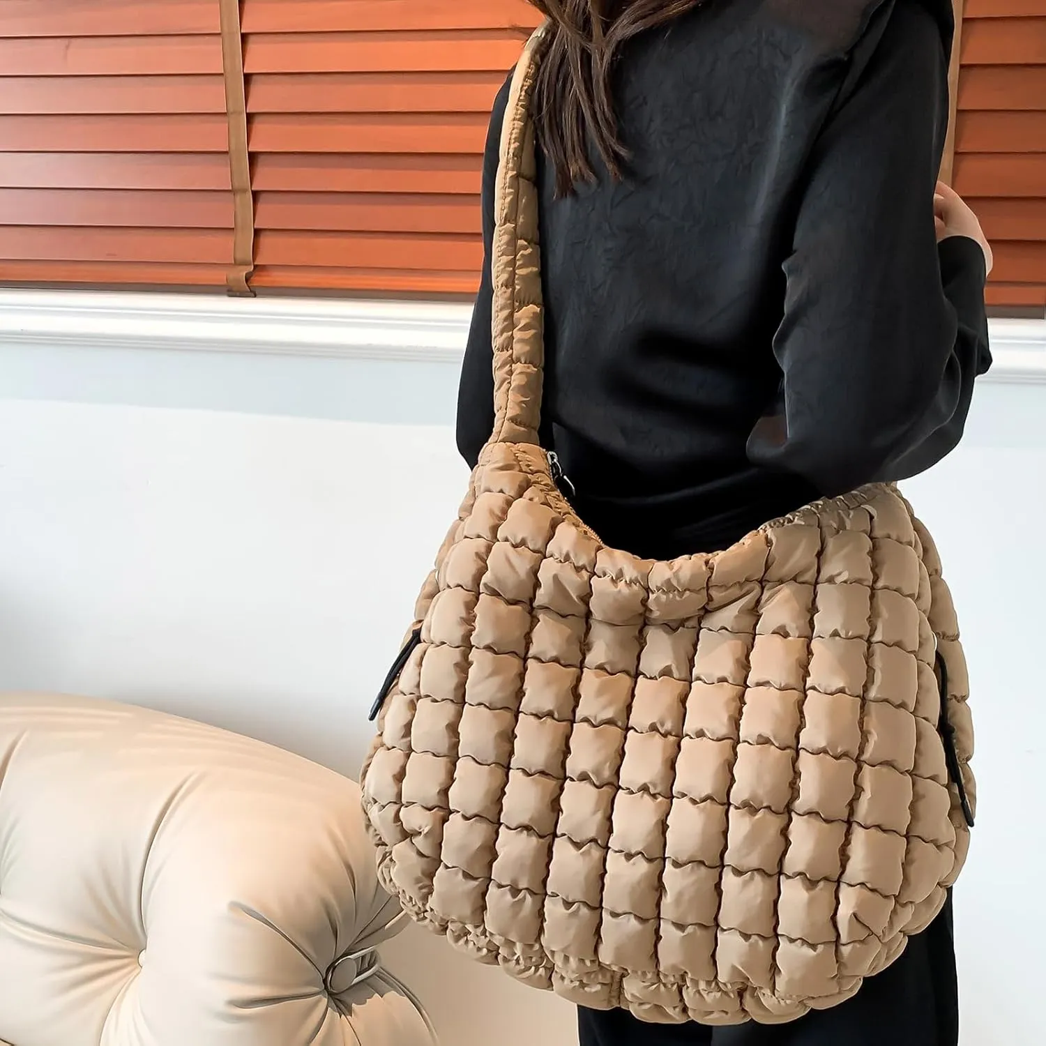 Puffer Tote Bag, Quilted Shoulder Crossbody Purse for Women Soft Puffy Satchel Bubble Handbag Padded Duffle