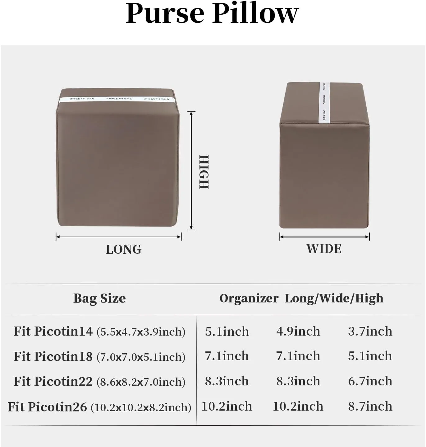 Purse Handbag Shaper Pillow Insert for Tote Bags, Luxury Bag Shaper with Lightweight Satin, Fit for Picotin 18 Bags, Soft Memory Foam Inner (Etoupe grey, Picotin18)
