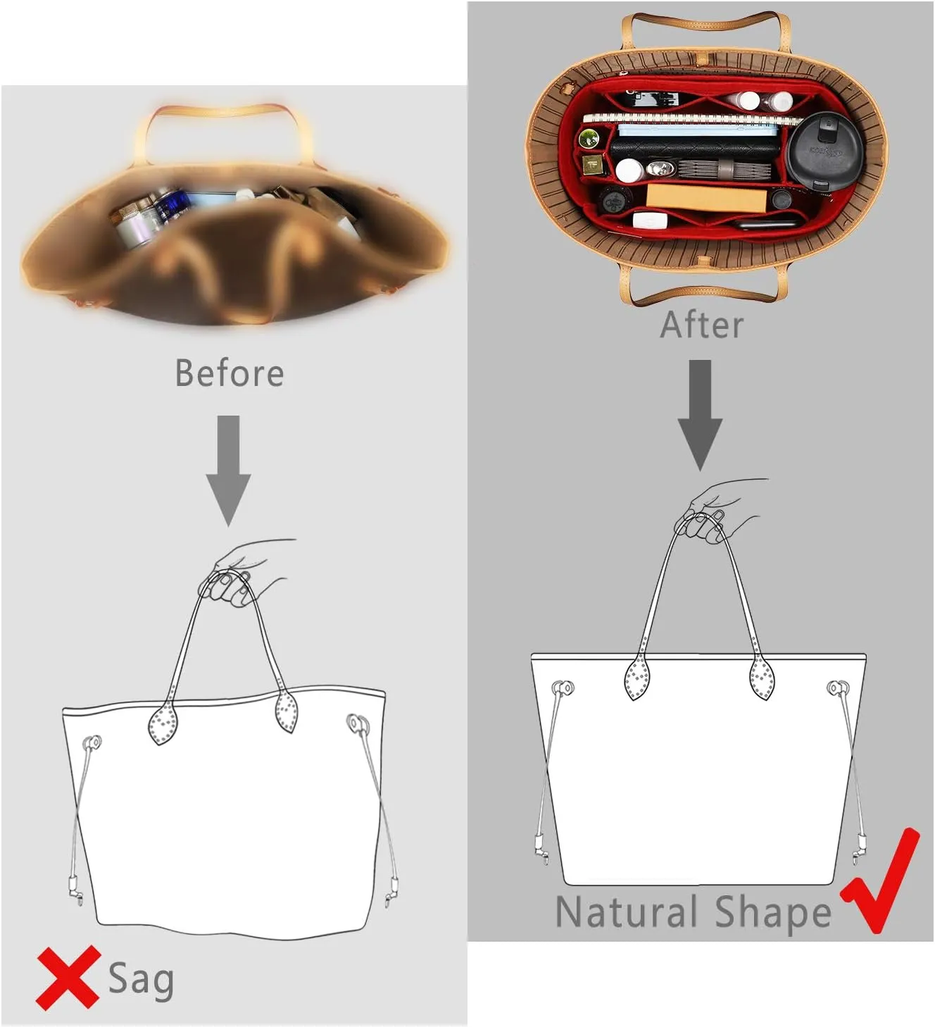 Purse Organizer Insert, Felt Purse Organizer with Zipper and Sewn Bottom Insert, Fit Speedy Neverfull Graceful,6 Sizes
