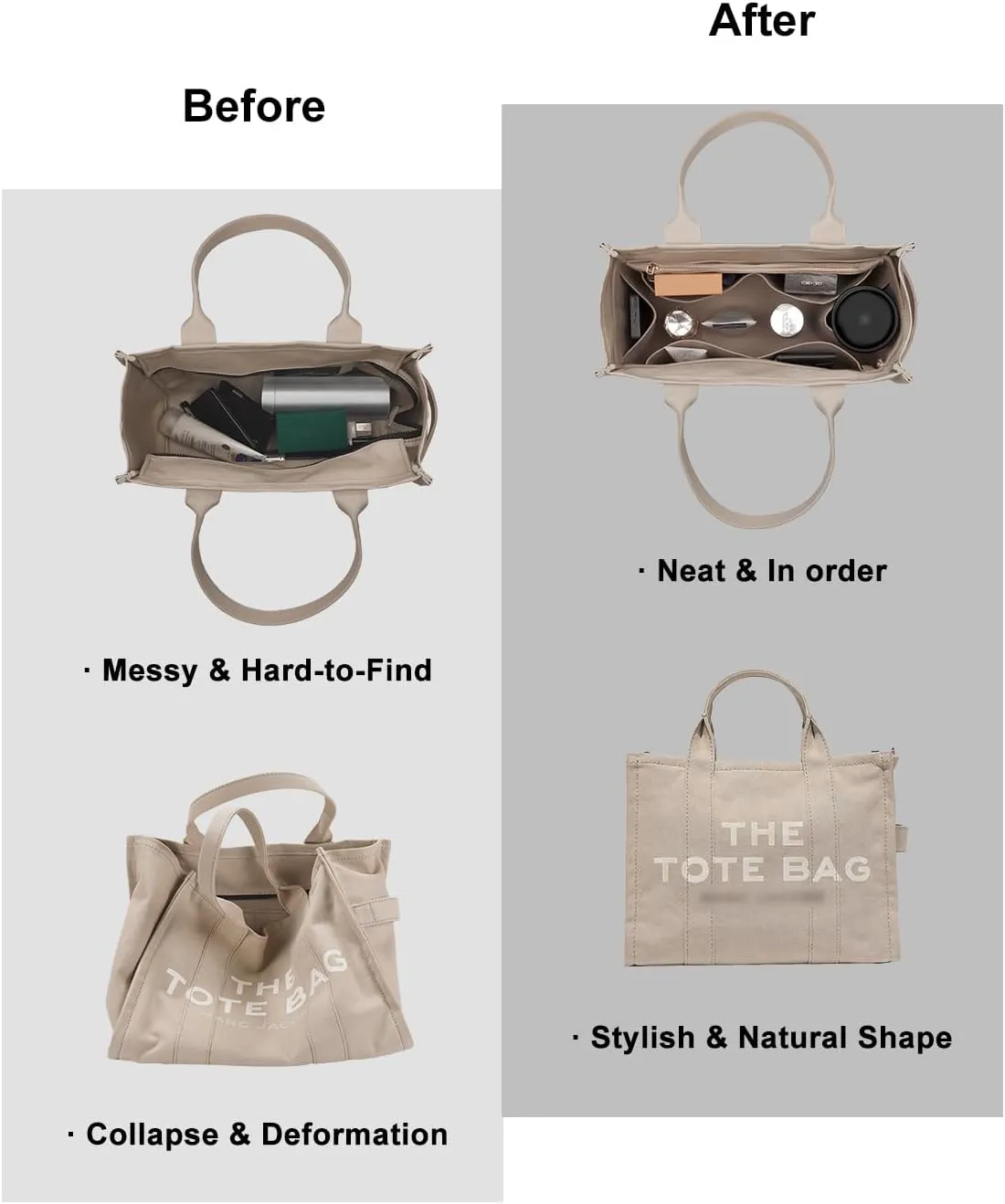 Purse Organizer Insert For Handbags, Tote Bag Organizer Insert, Compatible with MJ Tote and Onthego (Small, Beige)