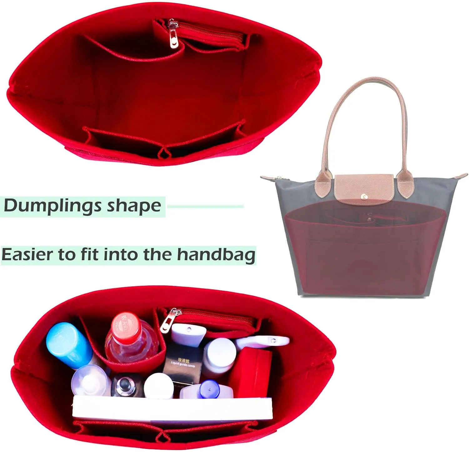Purse Organizer Insert for Le Pliage (Large) Handbags Insert Organizer1012crimson-L