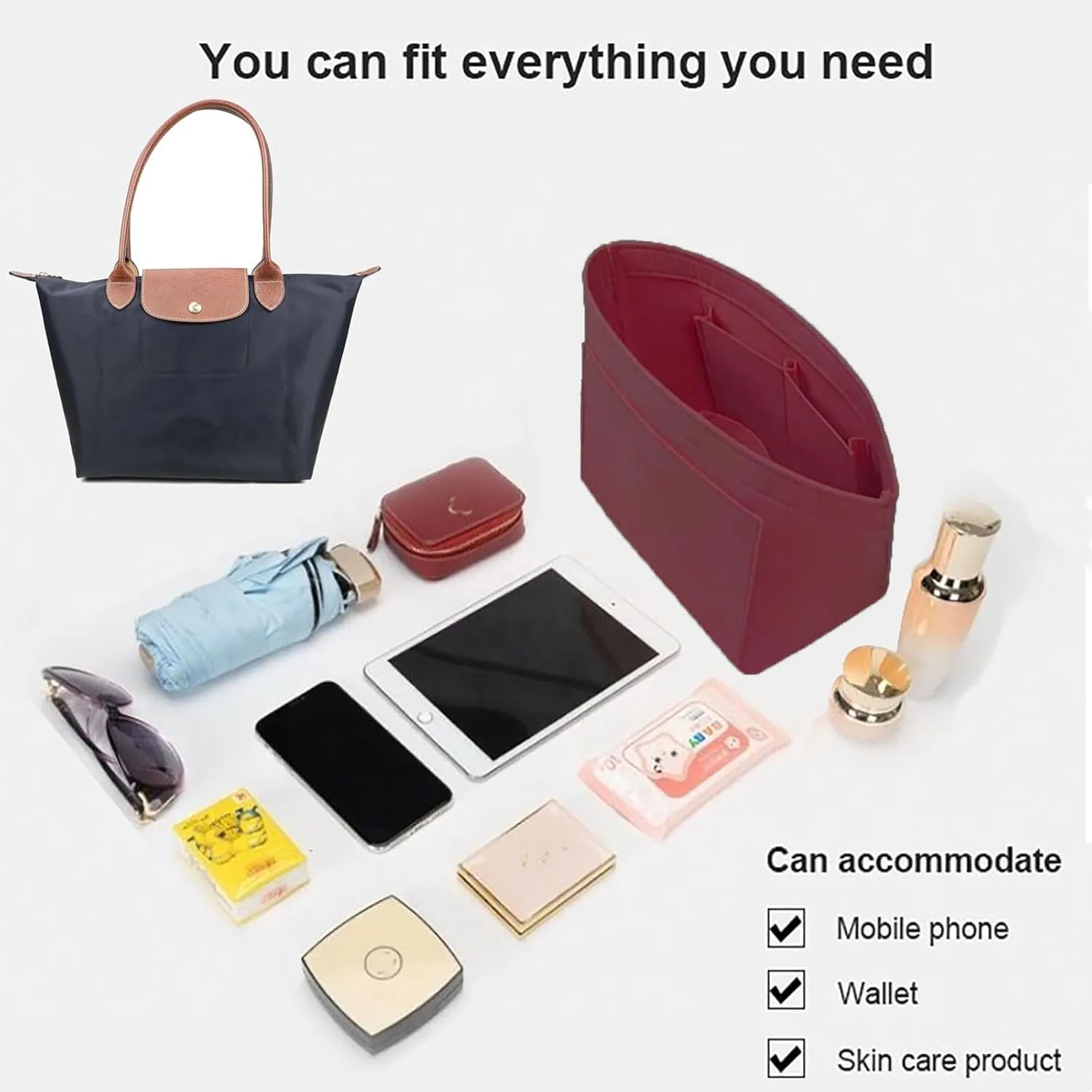 Purse Organizer Insert for Le Pliage Neo(Large) Handbags Insert Organizer 1012claret2-L
