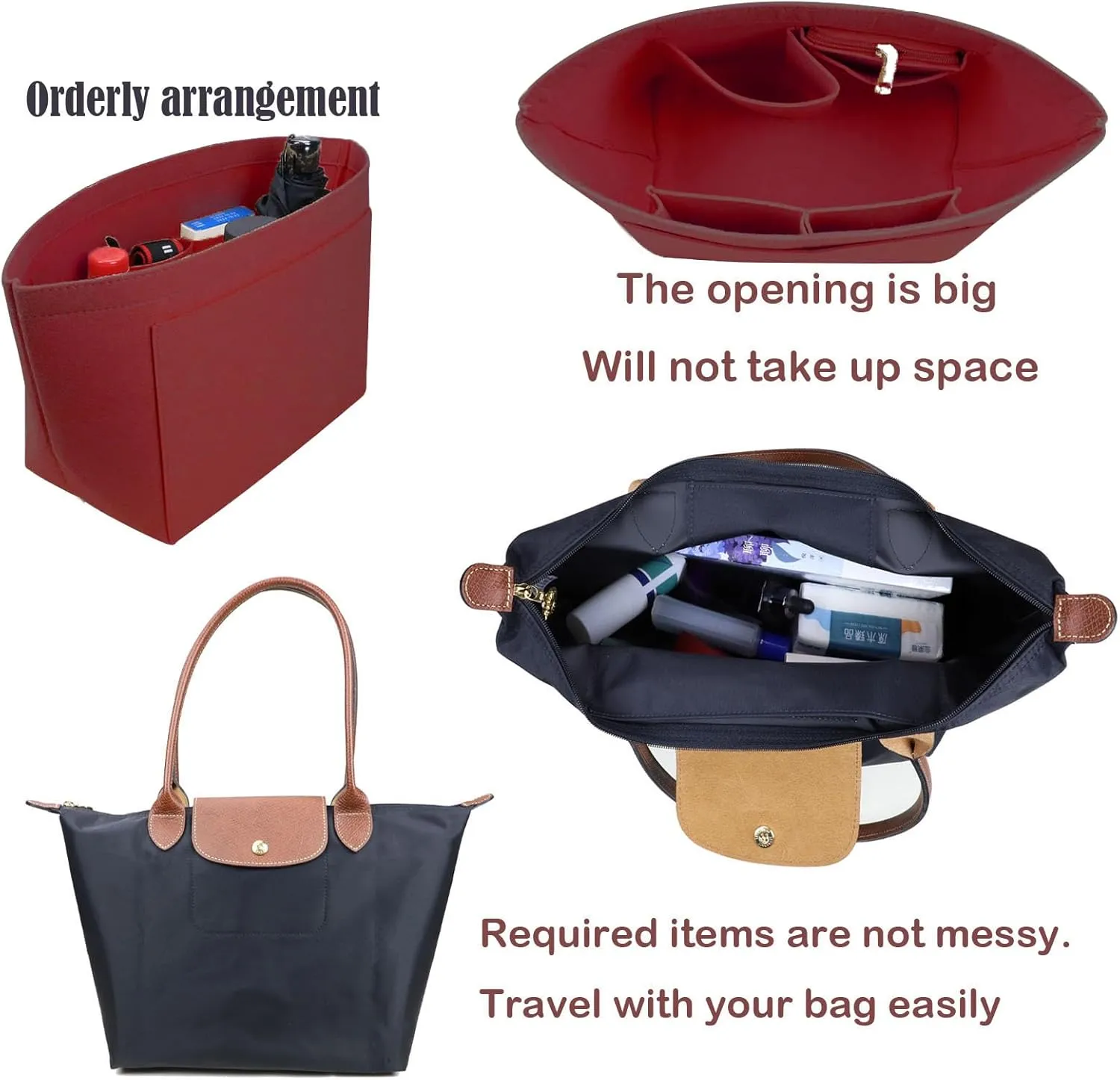 Purse Organizer Insert for Le Pliage Neo(Large) Handbags Insert Organizer 1012claret2-L