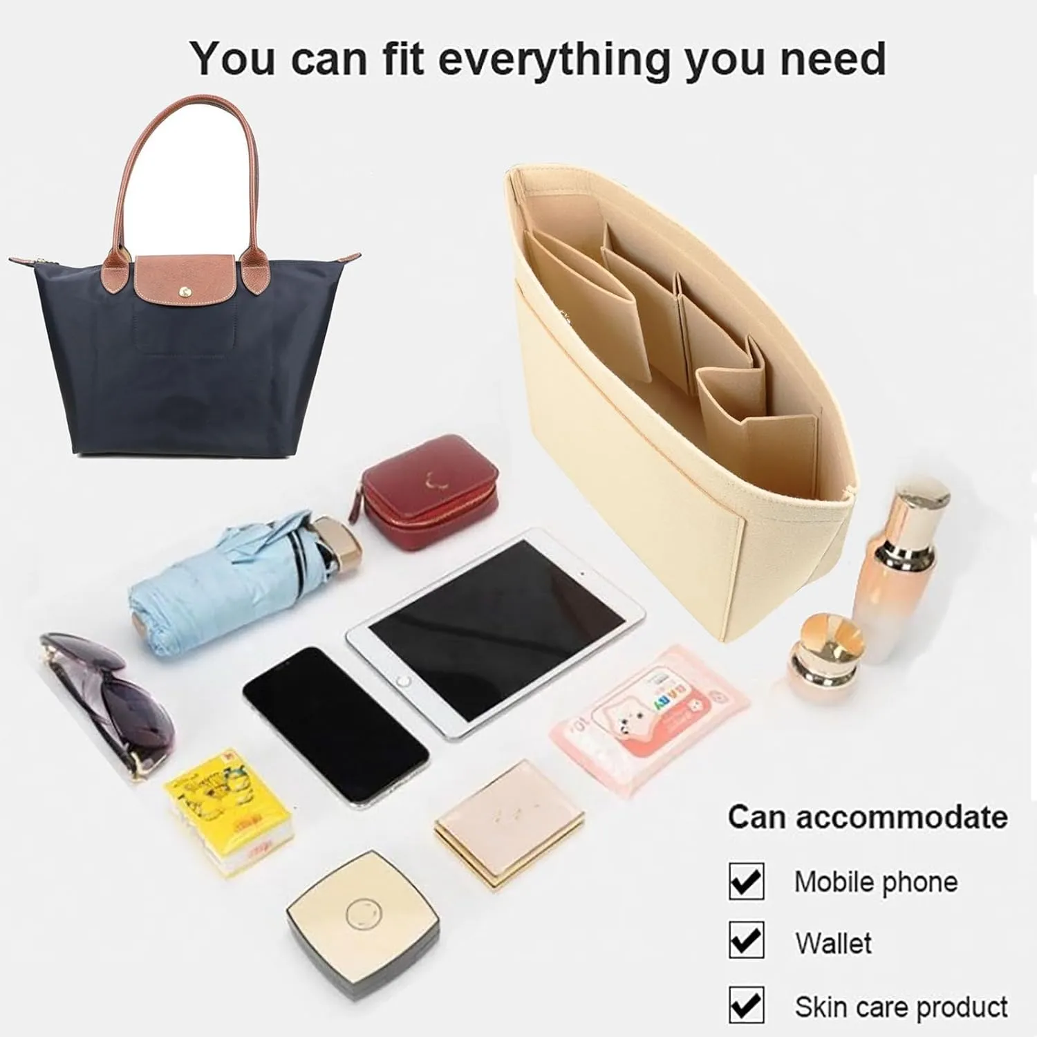 Purse Organizer Insert for Longchamp Le Pliage Neo Handbags Insert Organizer 1012BEIGE-S