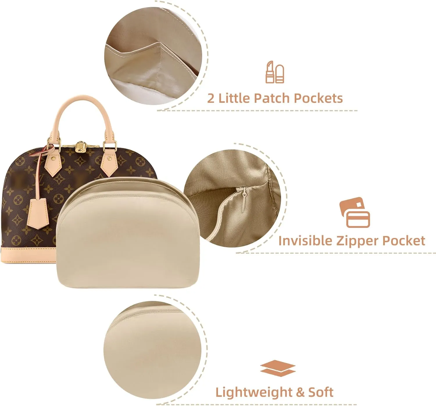 Purse Organizer Insert for LV Alma, Silk Bag Organizer Purse Organizer Insert for Alma PM BB insert organizer,Shell Tote Organizer for Women with Zipper Pocket