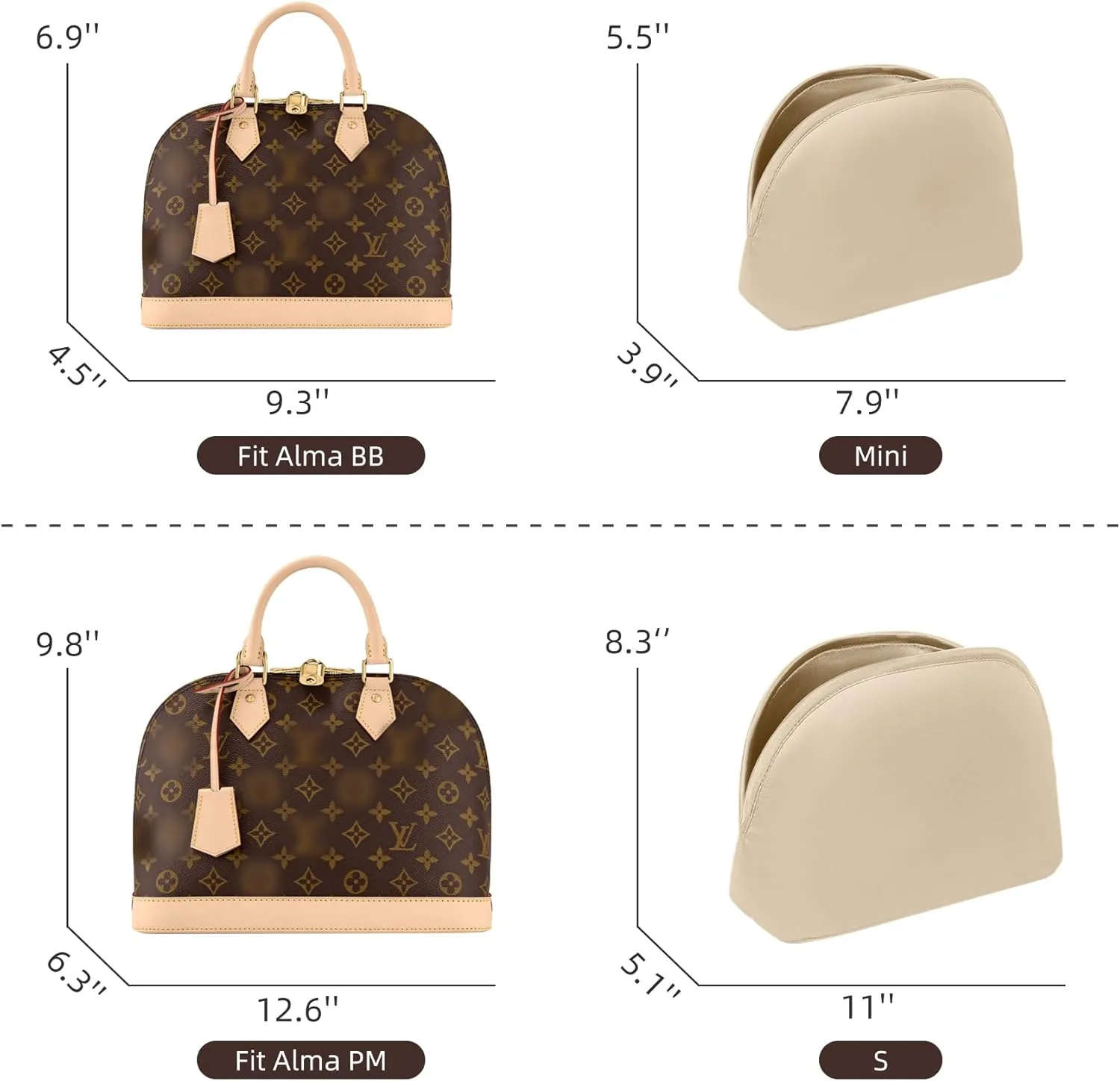 Purse Organizer Insert for LV Alma, Silk Bag Organizer Purse Organizer Insert for Alma PM BB insert organizer,Shell Tote Organizer for Women with Zipper Pocket