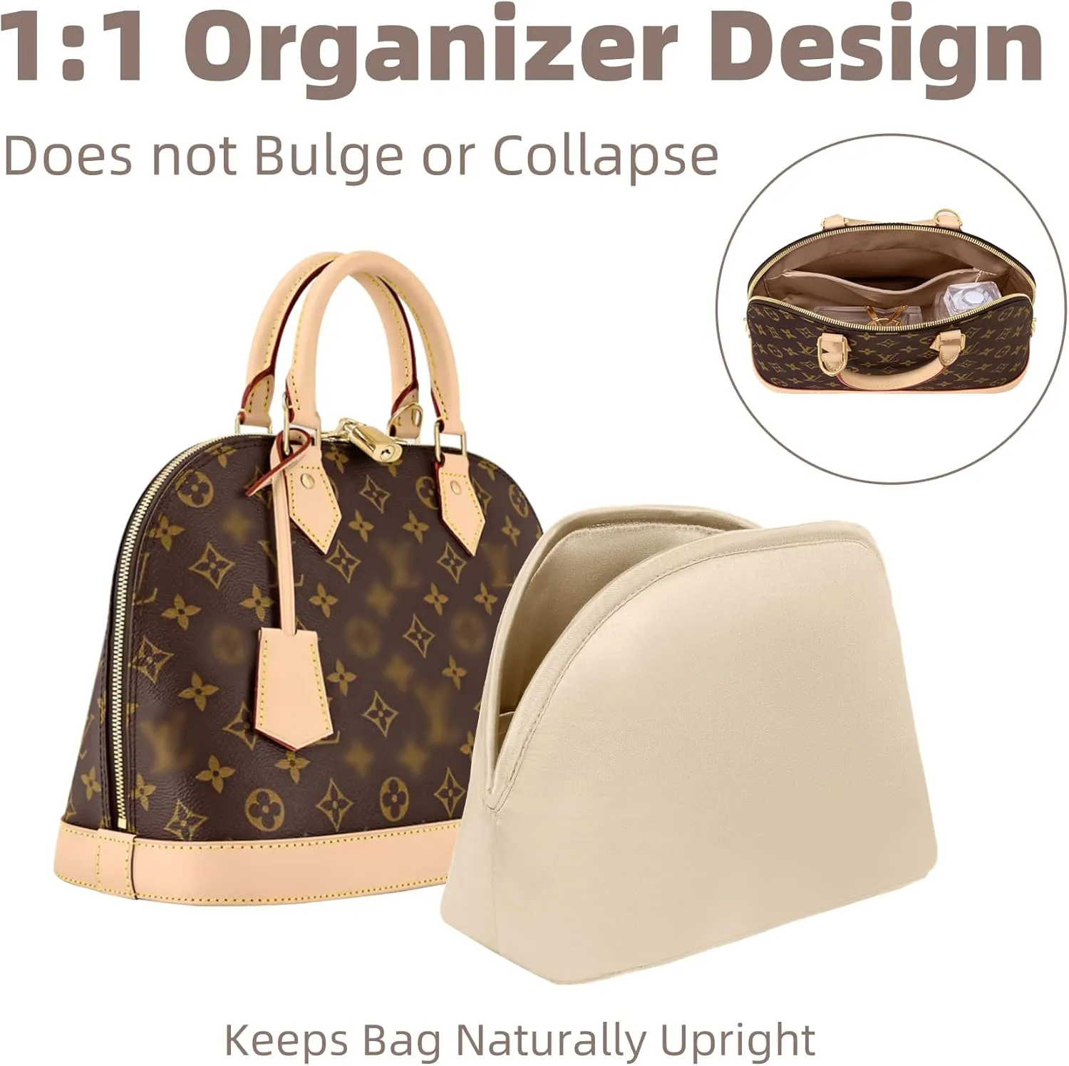 Purse Organizer Insert for LV Alma, Silk Bag Organizer Purse Organizer Insert for Alma PM BB insert organizer,Shell Tote Organizer for Women with Zipper Pocket