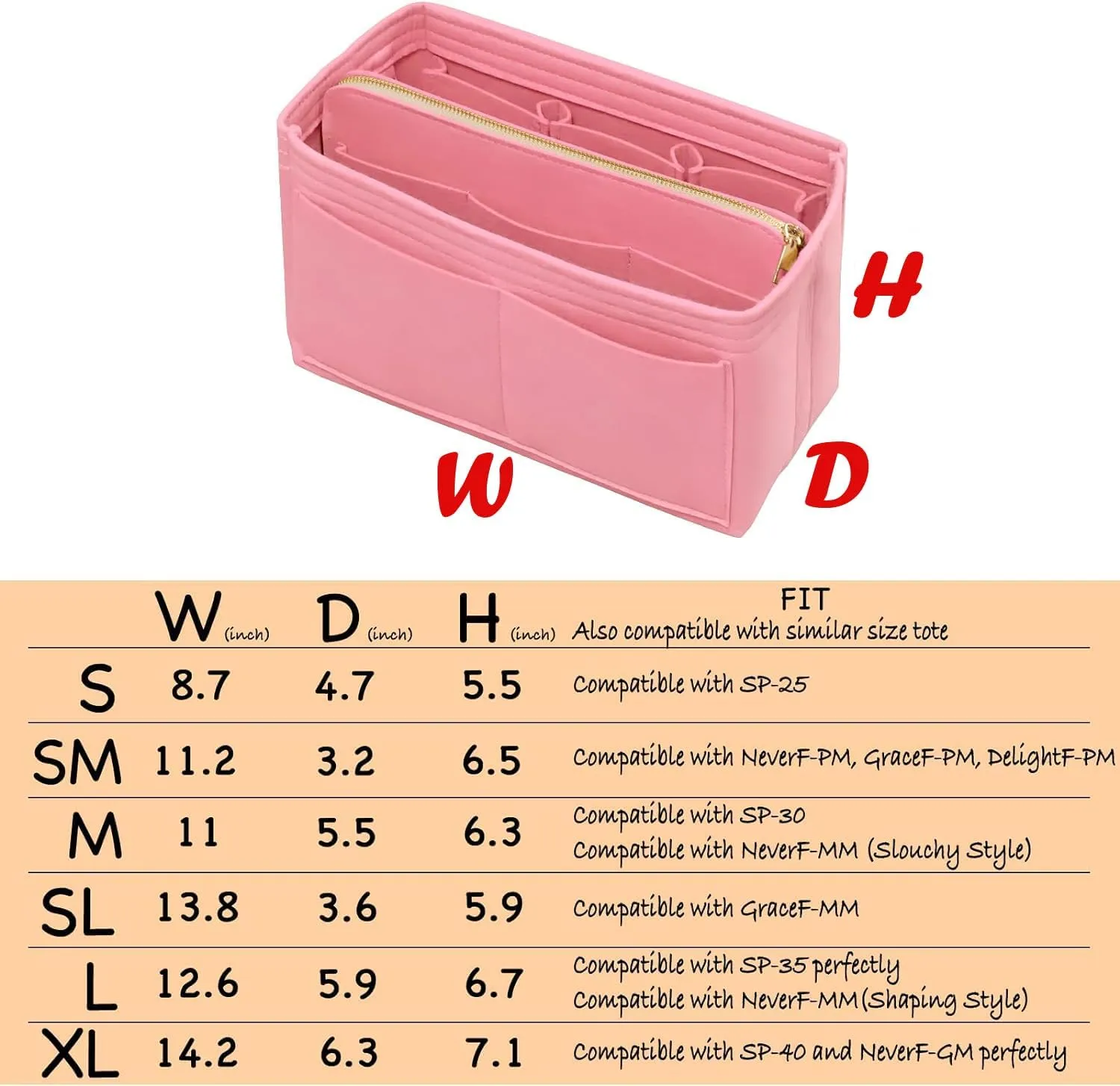 Purse Organizer Insert with Zipper Felt Bag Organizer for Tote Purse Bag Pink Medium