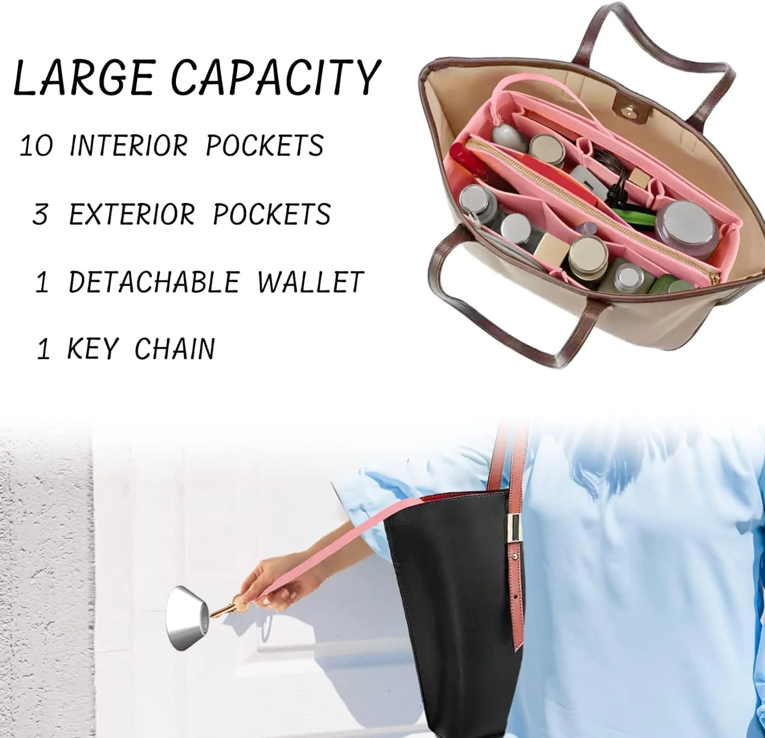 Purse Organizer Insert with Zipper Felt Bag Organizer for Tote Purse Bag Pink Medium