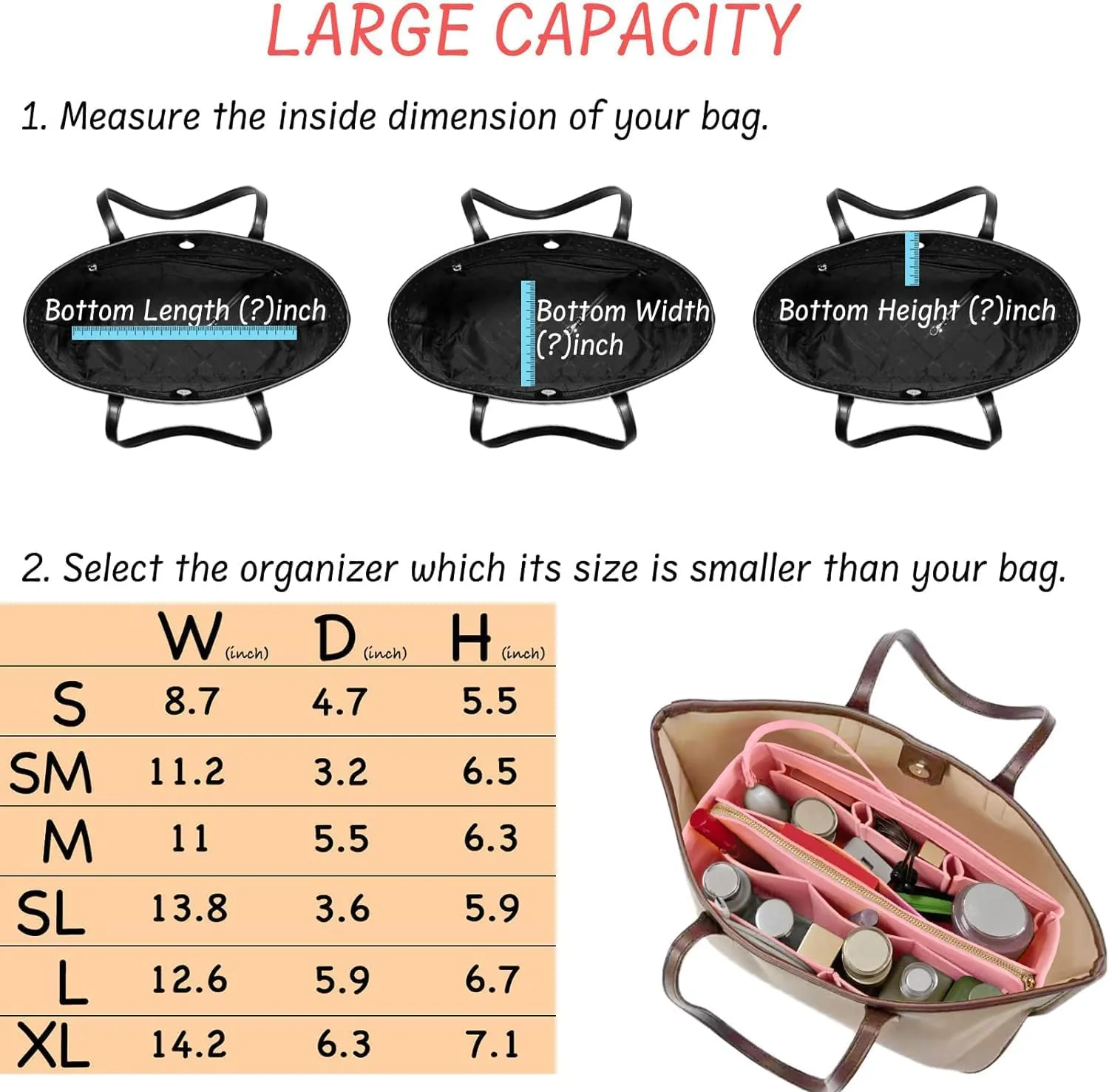 Purse Organizer Insert with Zipper Felt Bag Organizer for Tote Purse Bag Pink Medium