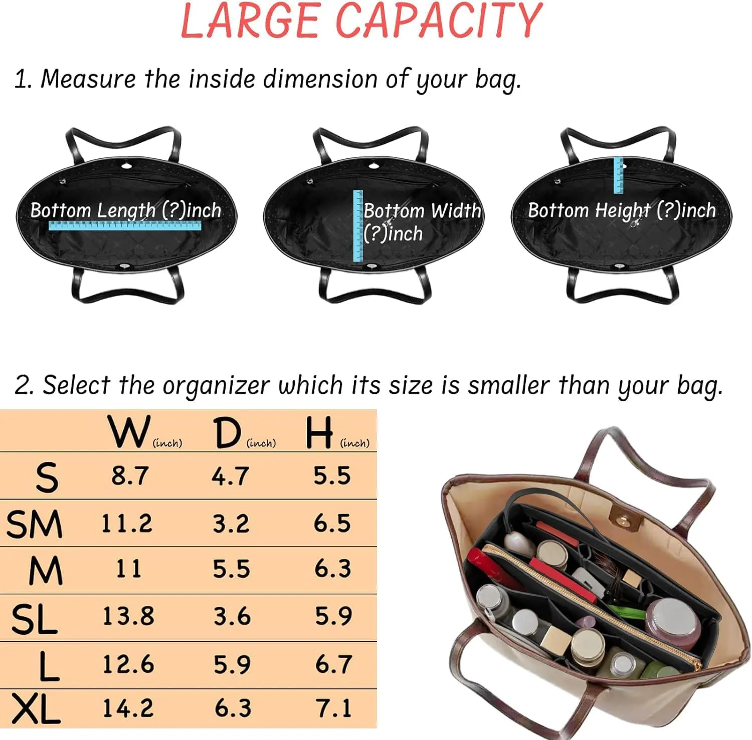 Purse Organizer Insert with Zipper Felt Bag Organizer for Tote Purse Black Large