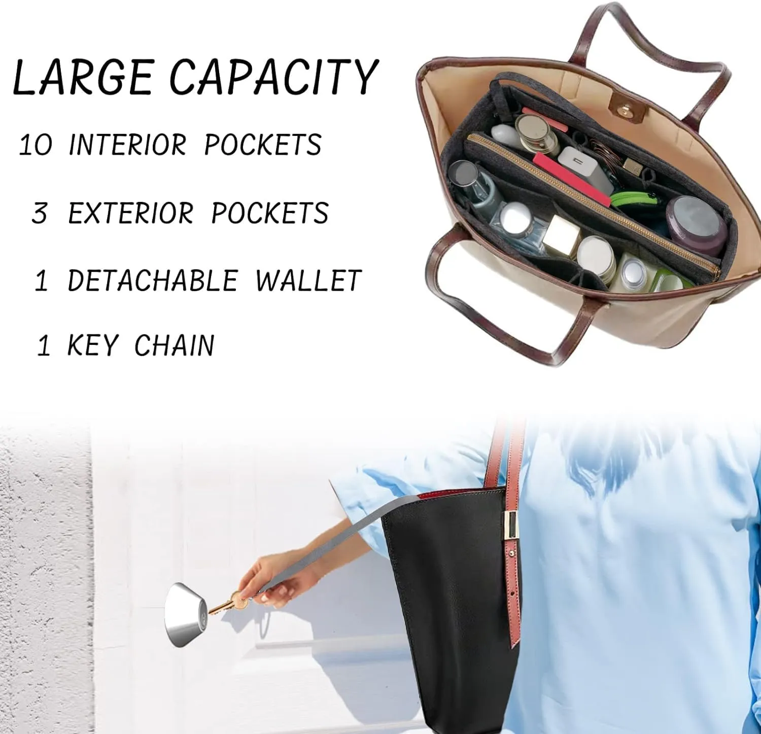 Purse Organizer Insert with Zipper Felt Bag Organizer for Tote Purse Grey Small