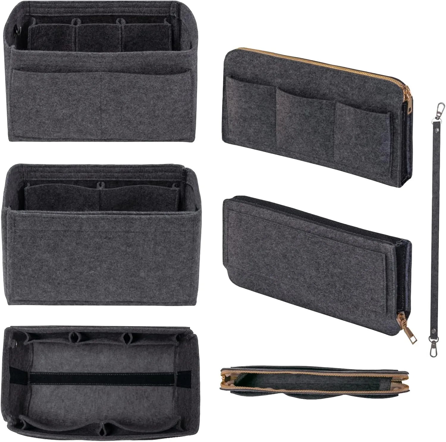 Purse Organizer Insert with Zipper Felt Bag Organizer for Tote Purse Grey Small