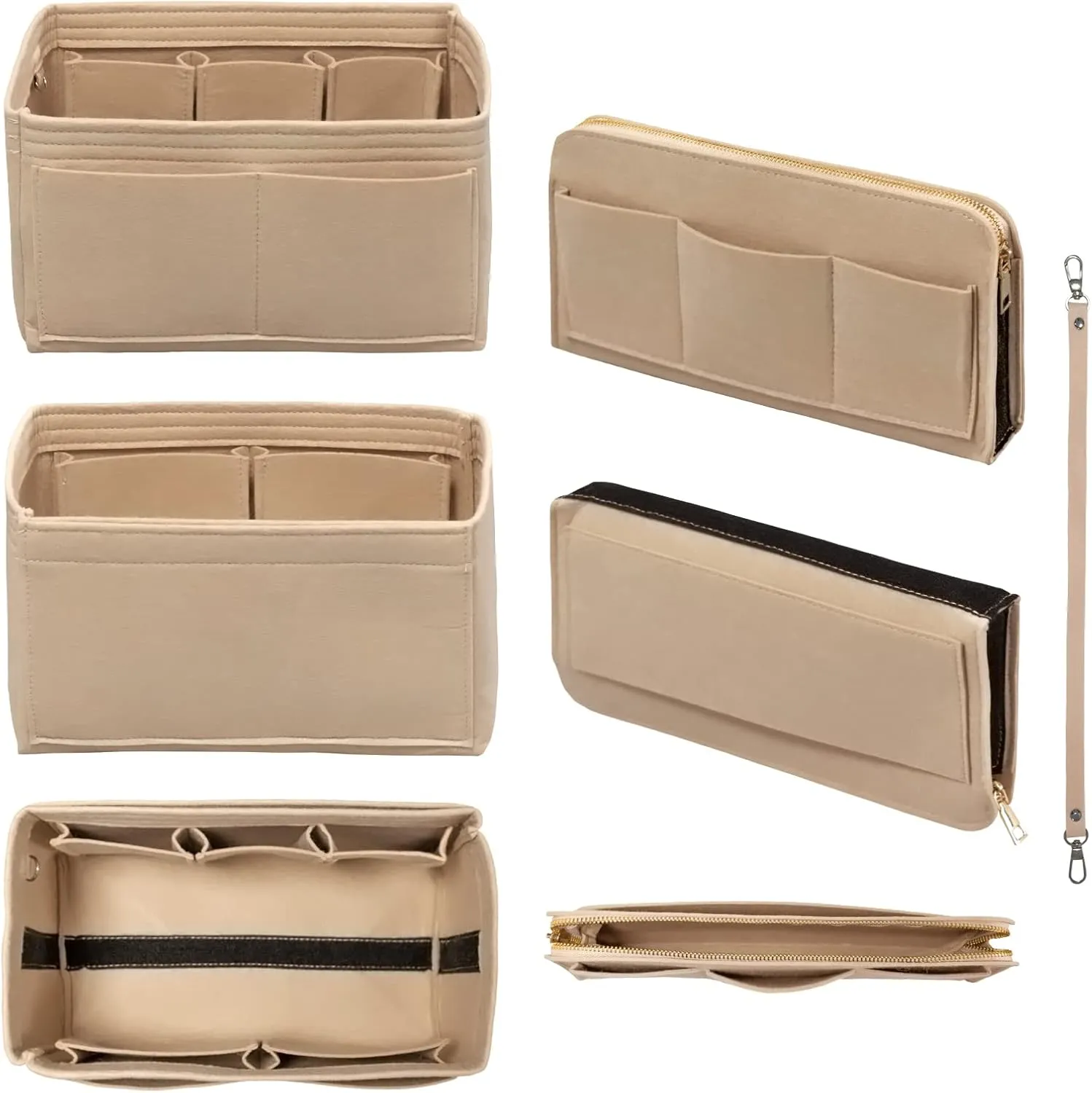 Purse Organizer Insert with Zipper Felt Bag Organizer Handbag Organizer Insert Bag in Bag Organizer with Key Chain for Tote Purse Bag Beige Medium